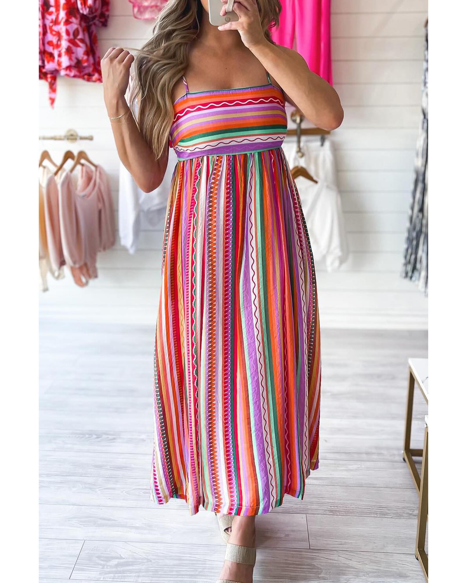 Multicolour Striped Thin Straps Smocked Back Boho Maxi Dress - L 6