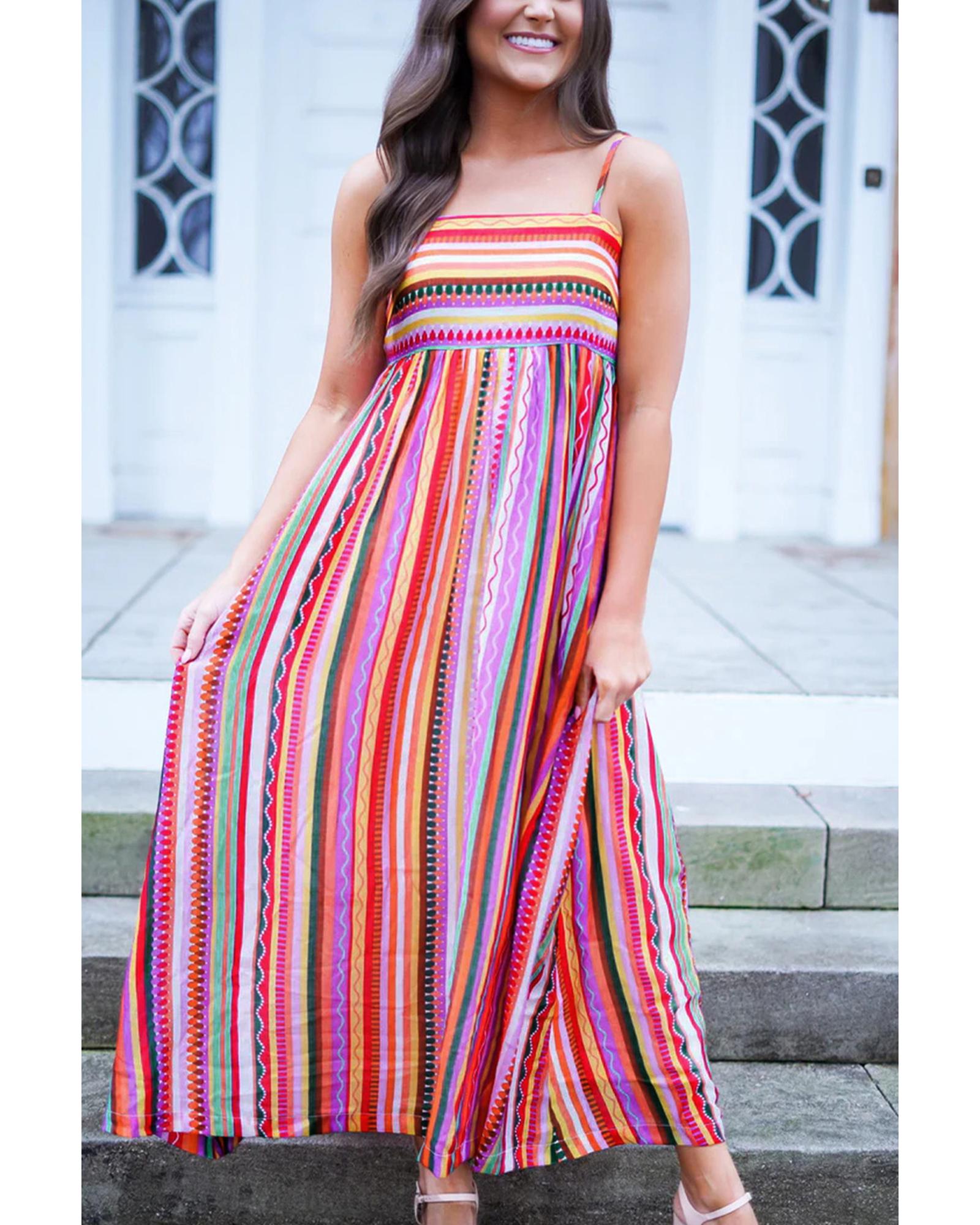 Multicolour Striped Thin Straps Smocked Back Boho Maxi Dress - L 7