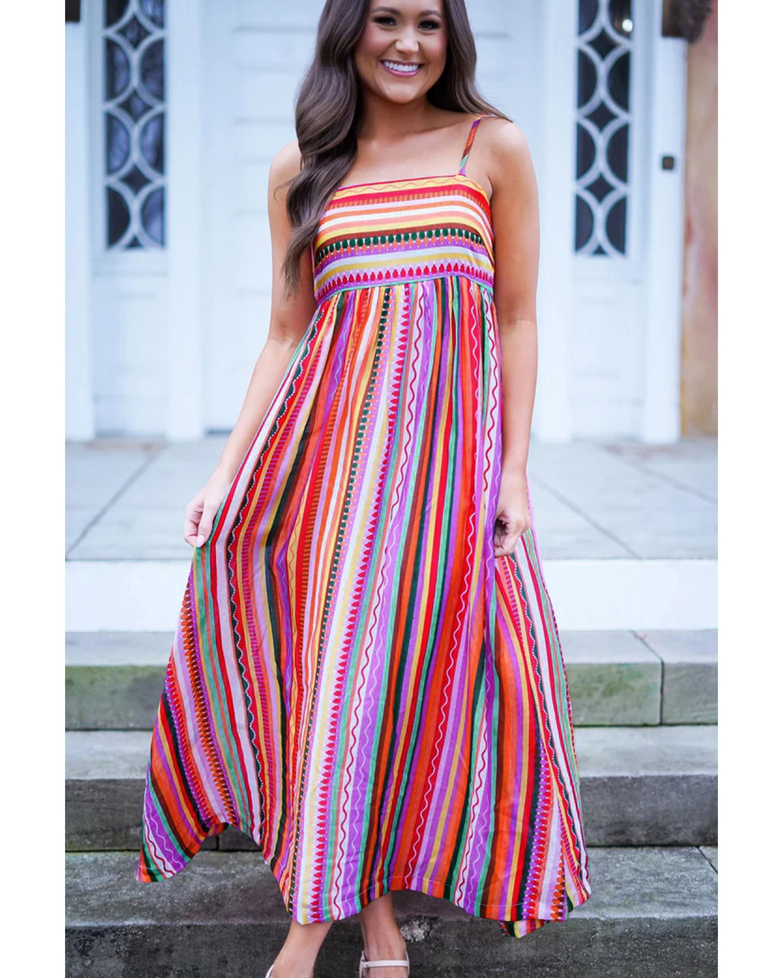 Multicolour Striped Thin Straps Smocked Back Boho Maxi Dress - L 8