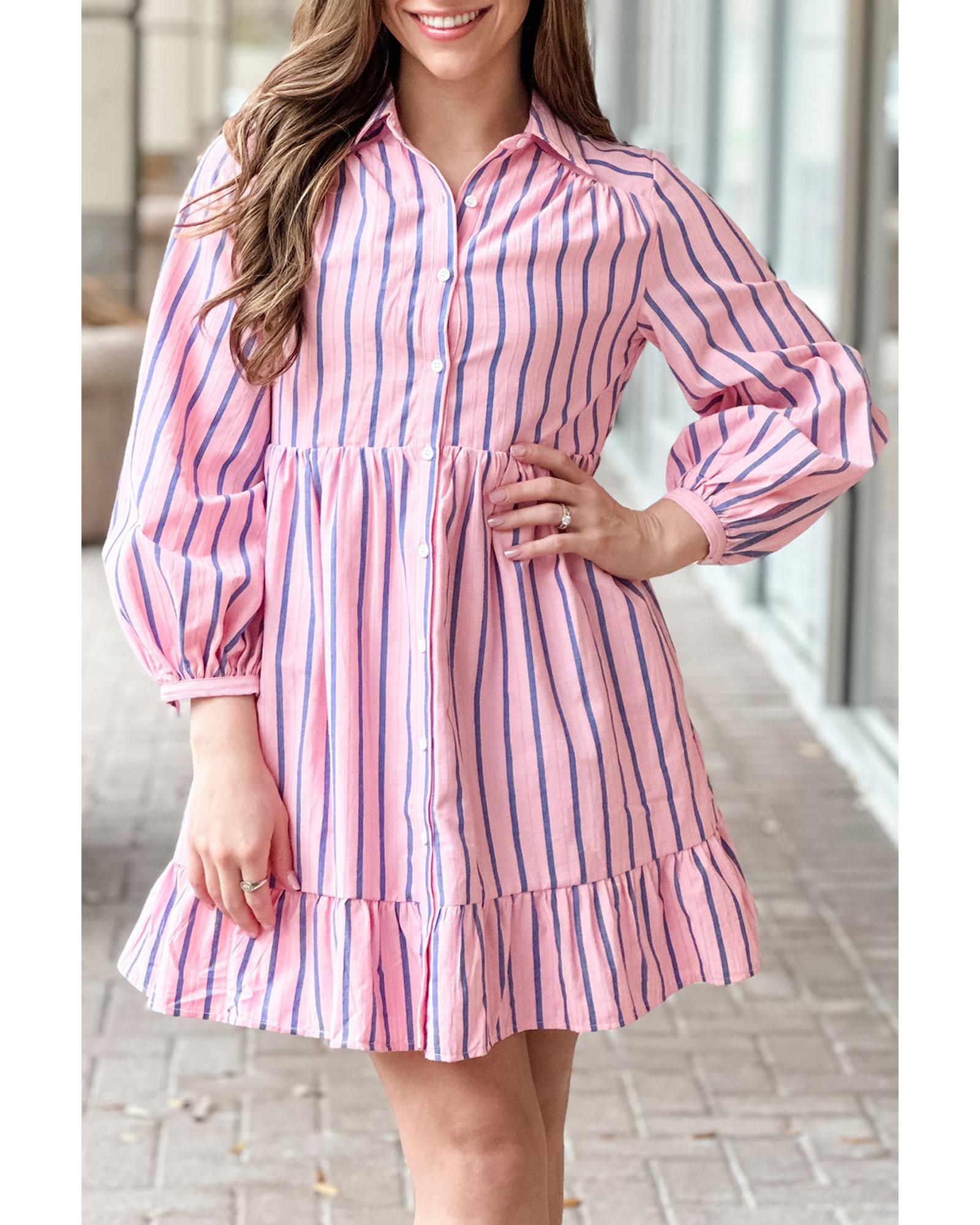 Pink Stripe Ruffled Hem Button-up Collared Shirt Mini Dress - L