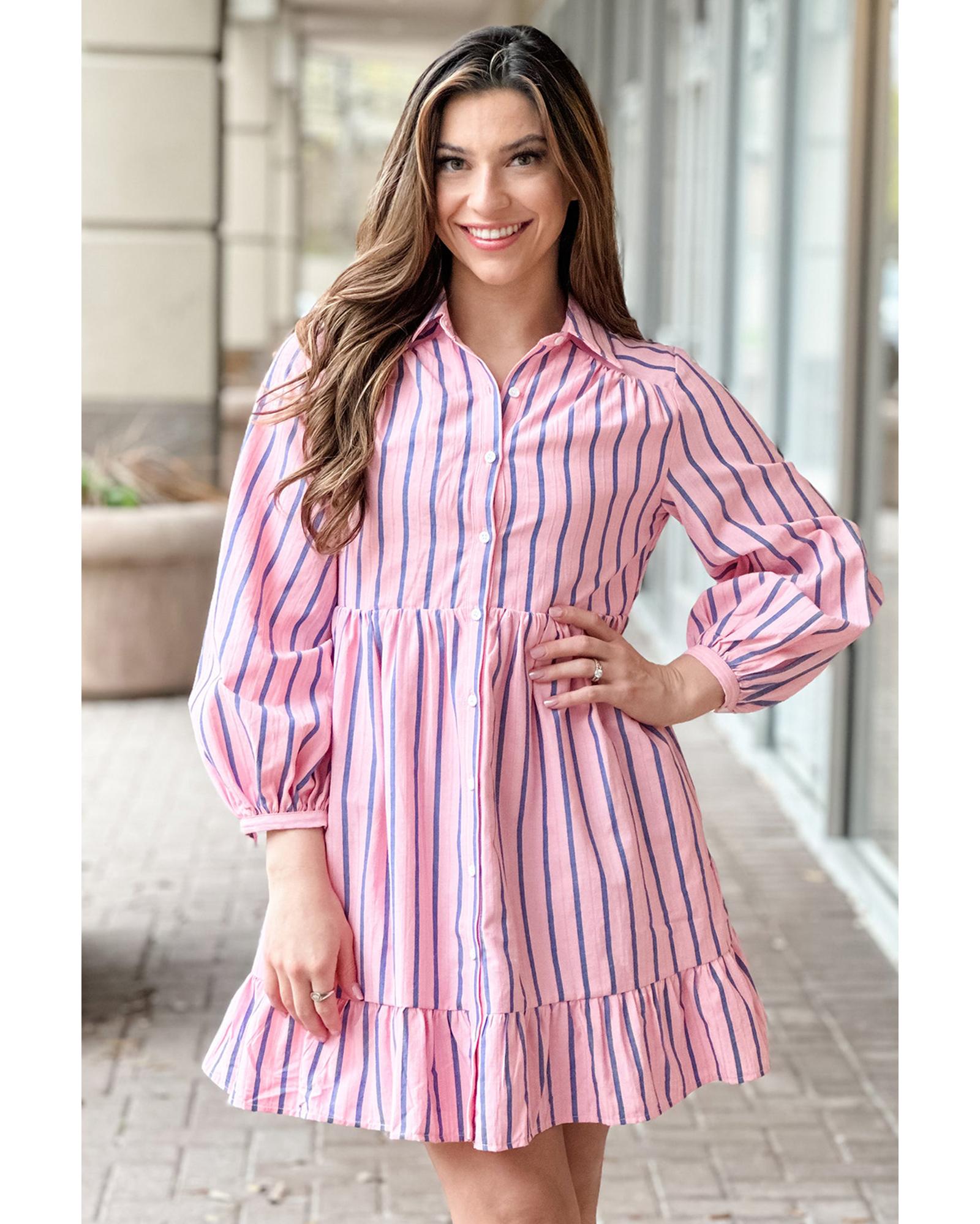 Pink Stripe Ruffled Hem Button-up Collared Shirt Mini Dress - L 3