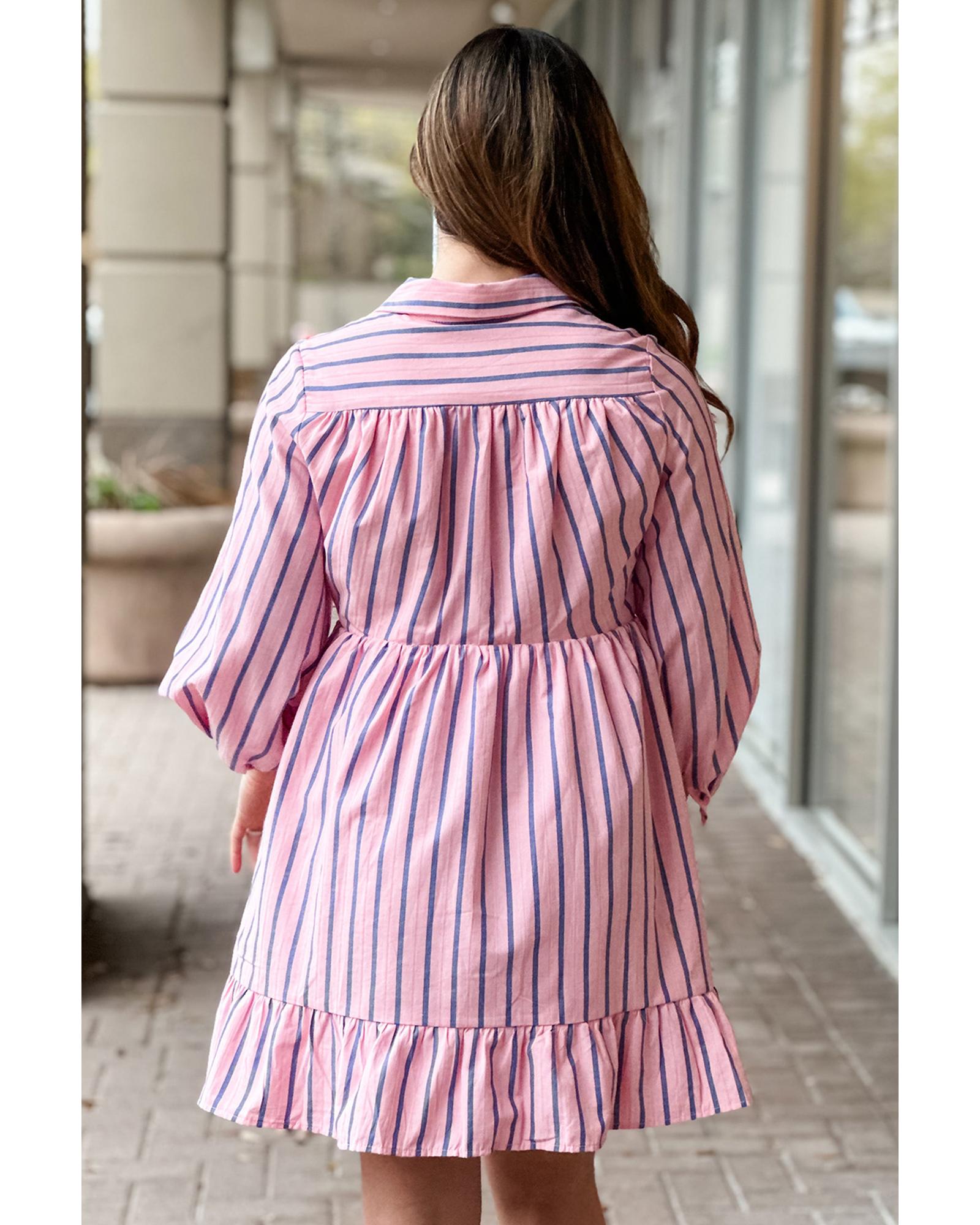 Pink Stripe Ruffled Hem Button-up Collared Shirt Mini Dress - L 4
