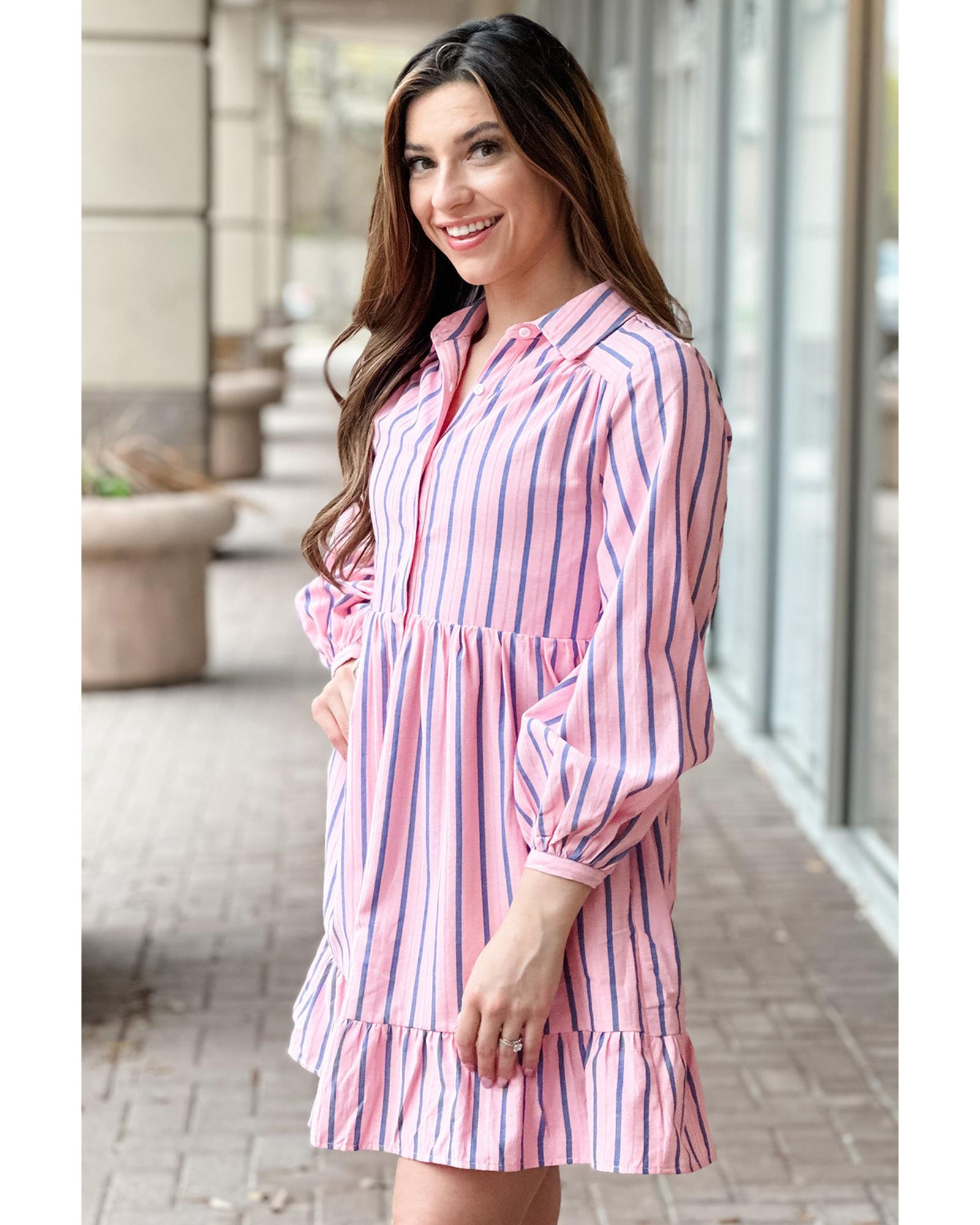 Pink Stripe Ruffled Hem Button-up Collared Shirt Mini Dress - M