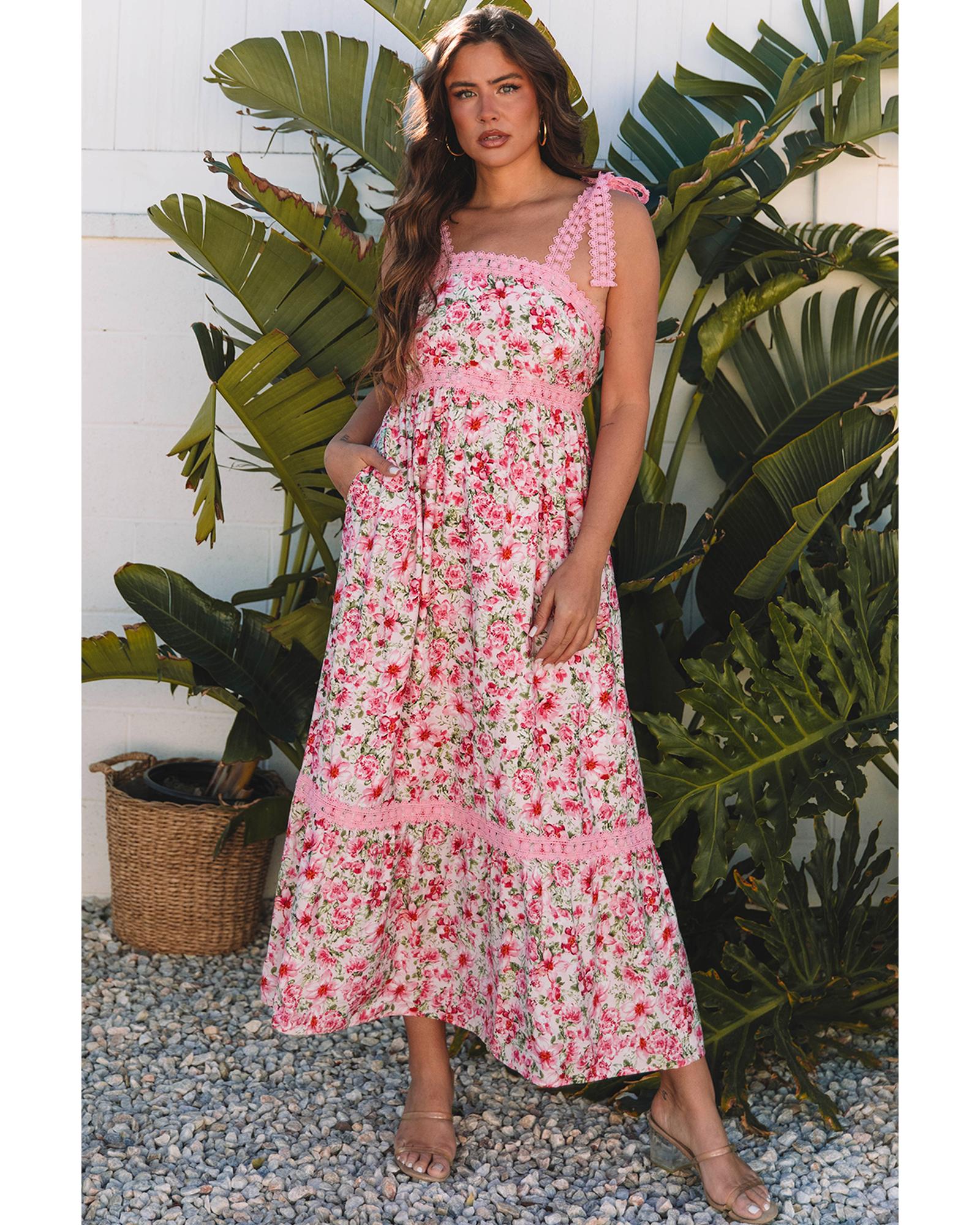 Pink Floral Lace Tied Strap Empire Waist Maxi Dress - XL 4
