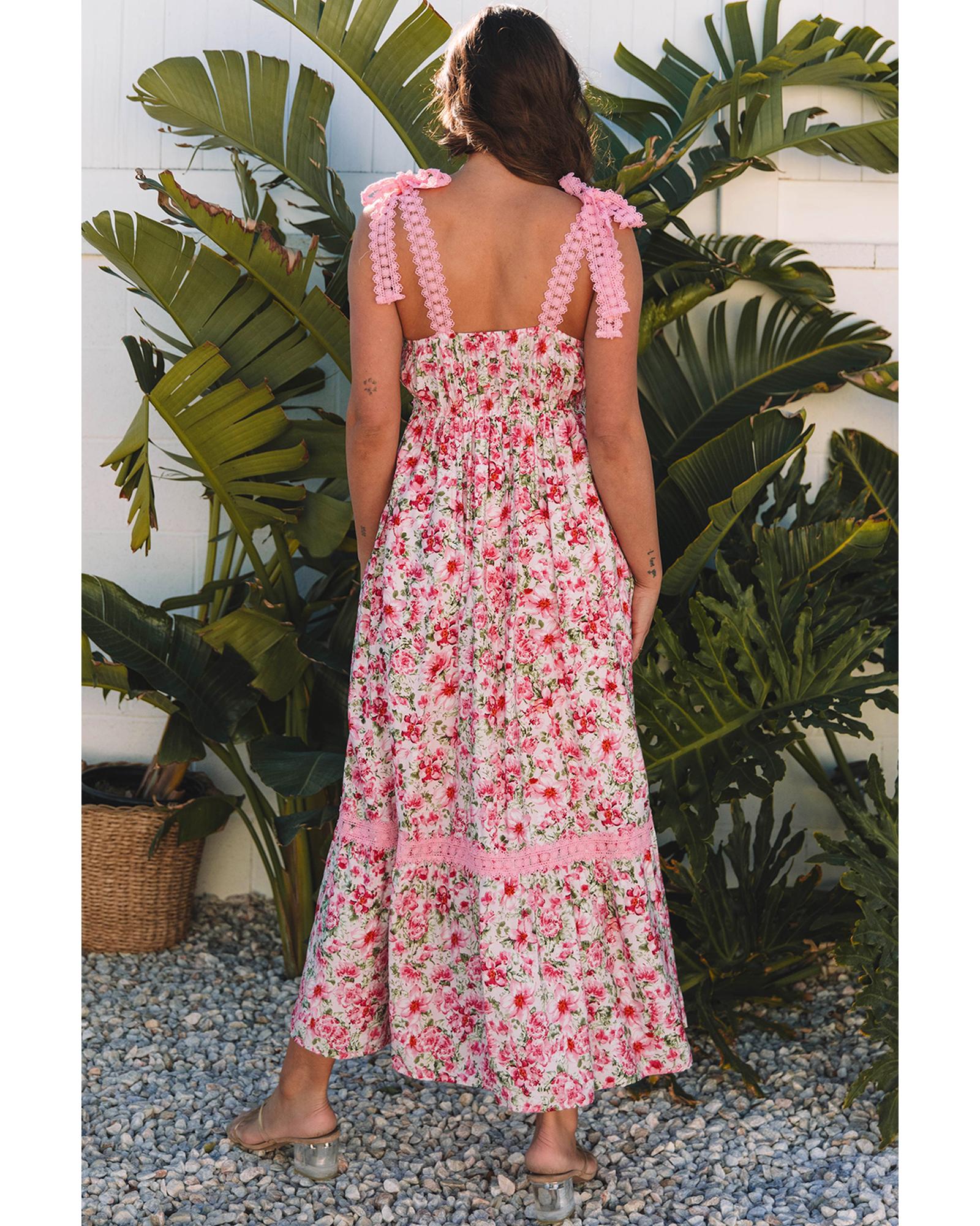 Pink Floral Lace Tied Strap Empire Waist Maxi Dress - XL 6