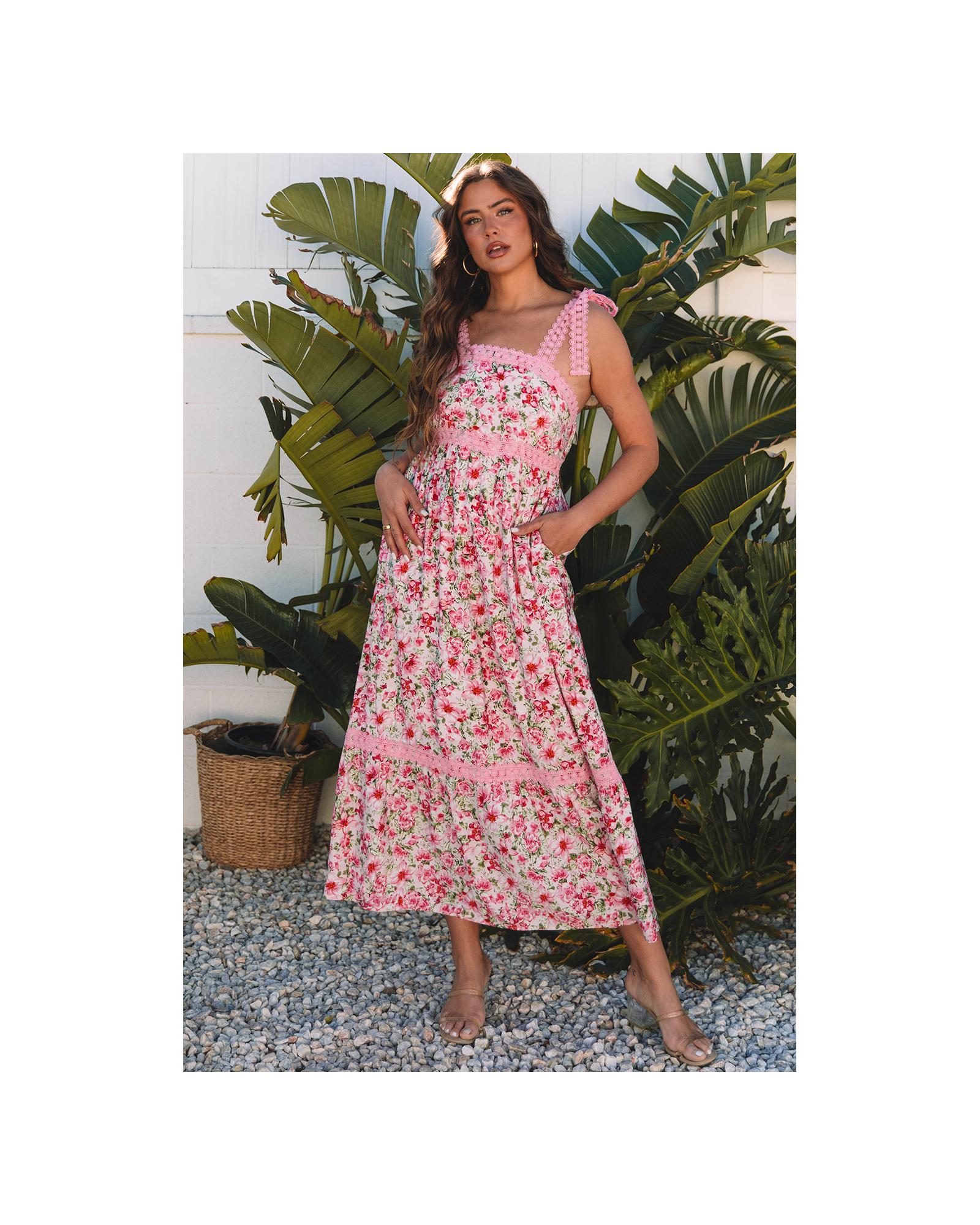 Pink Floral Lace Tied Strap Empire Waist Maxi Dress - XL 7