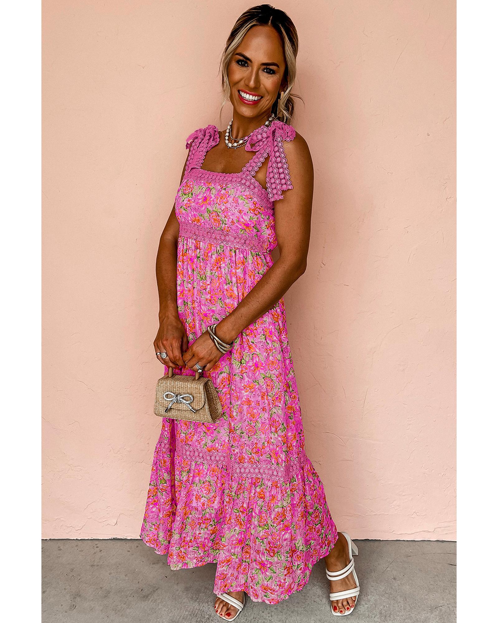 Rose Floral Lace Tied Strap Empire Waist Maxi Dress - L 5