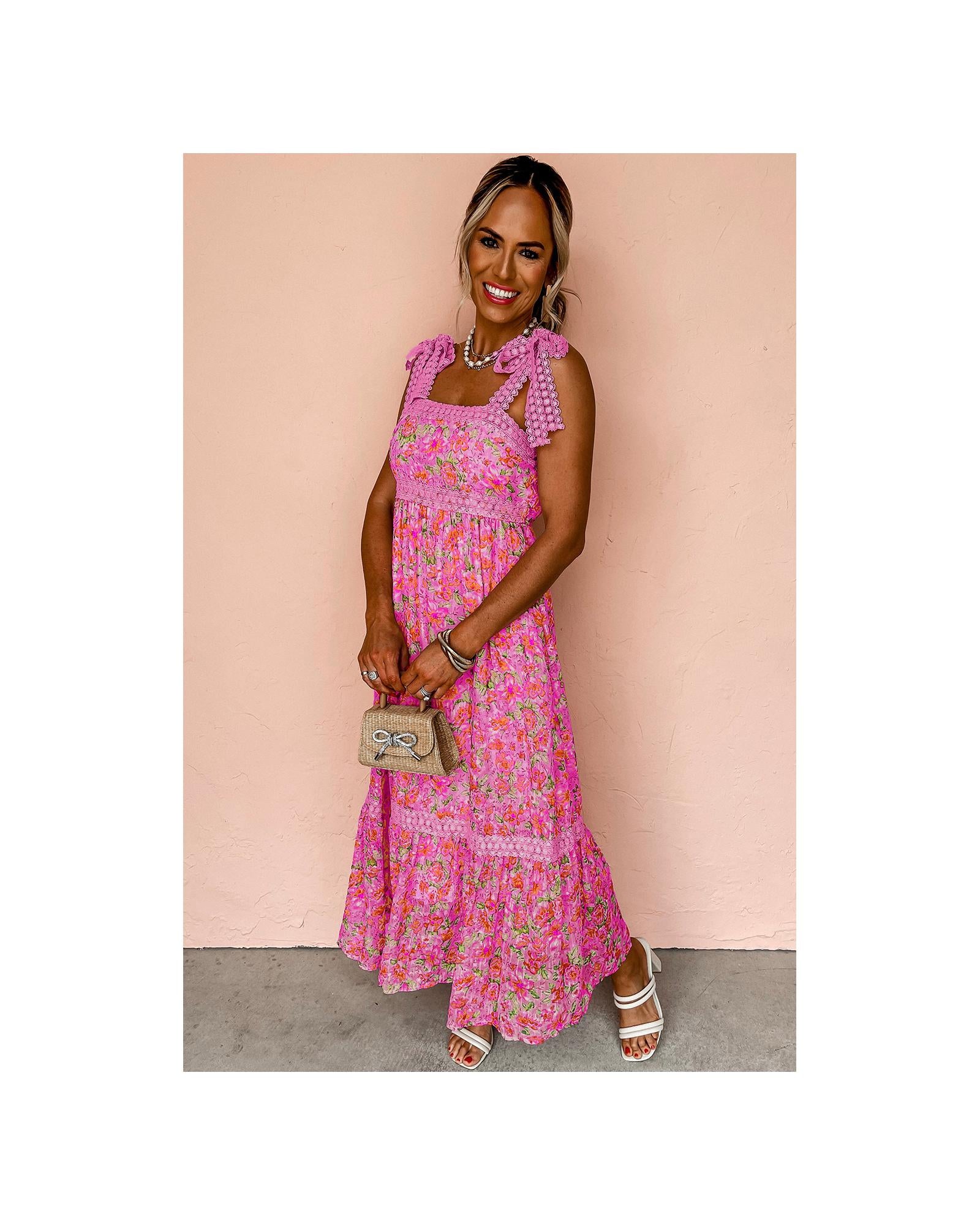 Rose Floral Lace Tied Strap Empire Waist Maxi Dress - M 3