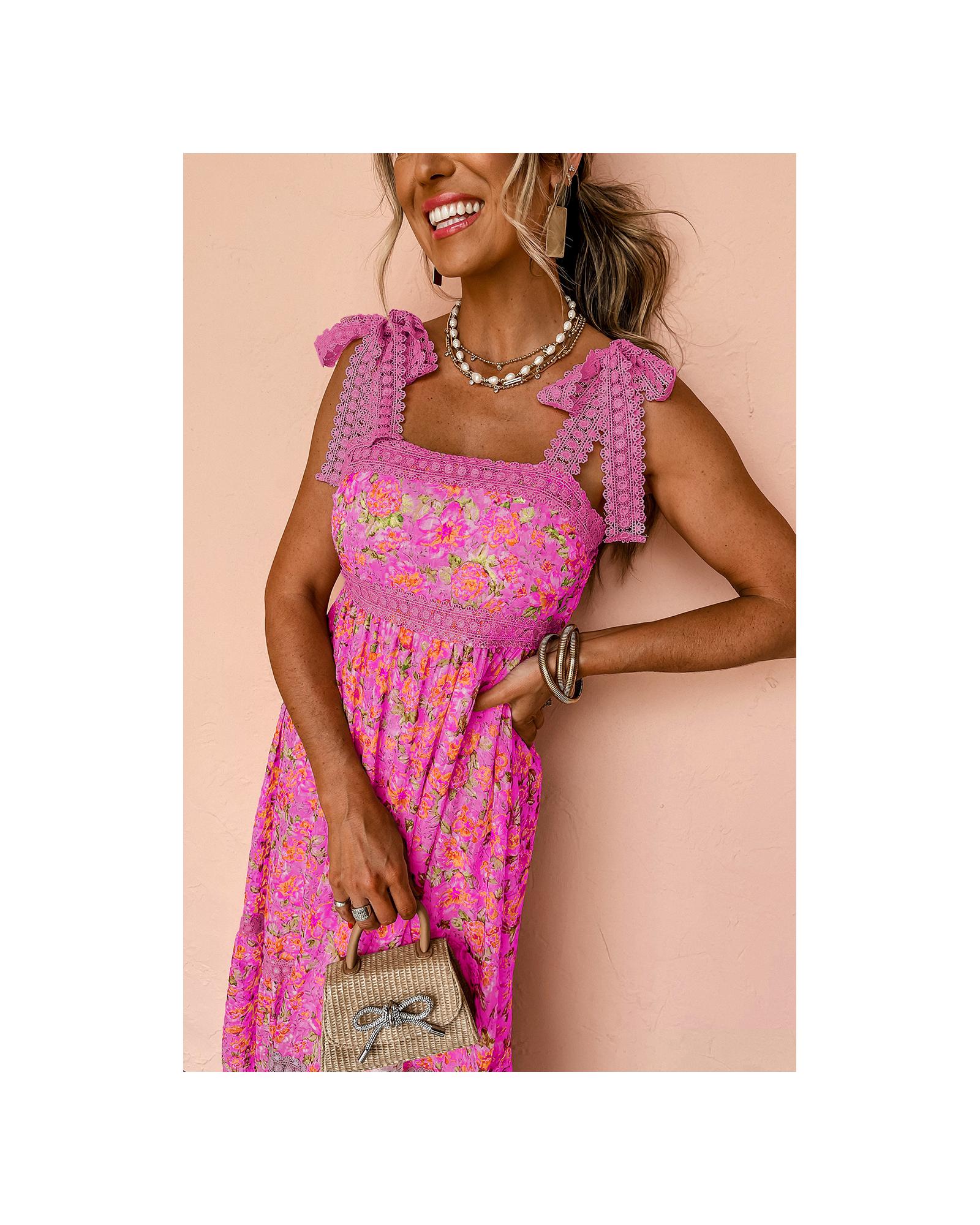 Rose Floral Lace Tied Strap Empire Waist Maxi Dress - M 8