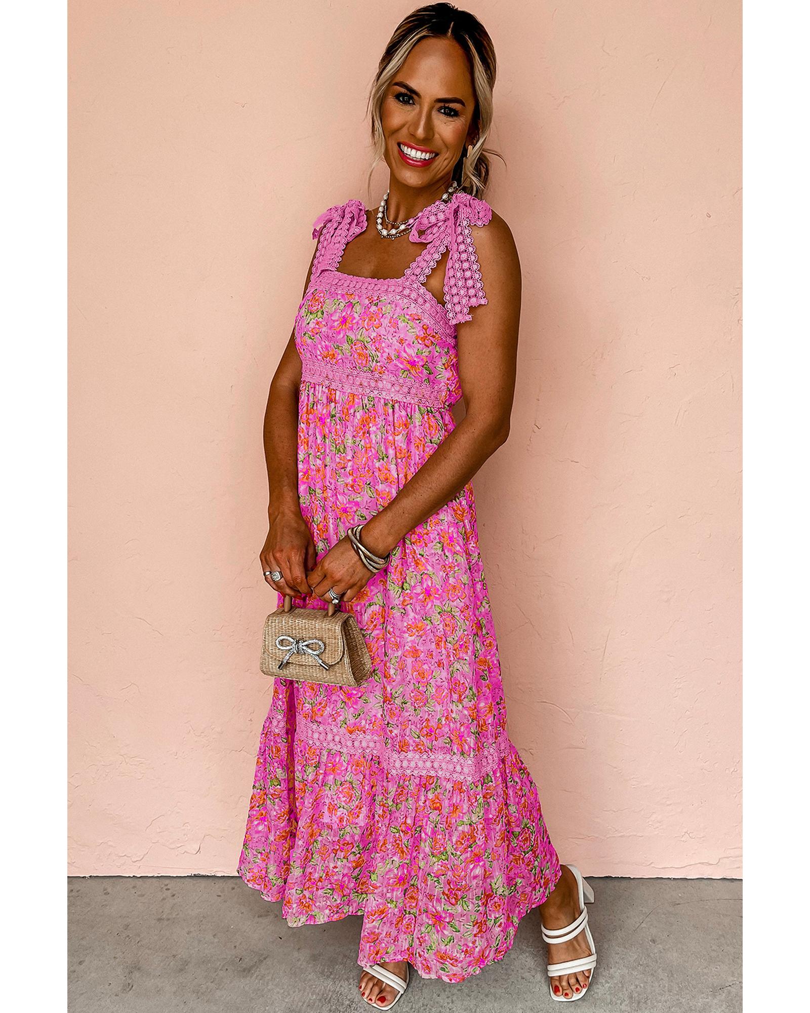 Rose Floral Lace Tied Strap Empire Waist Maxi Dress - S 3