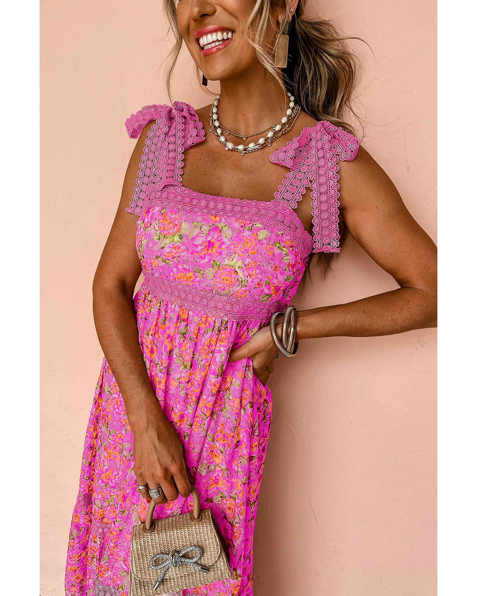 Rose Floral Lace Tied Strap Empire Waist Maxi Dress - S 8