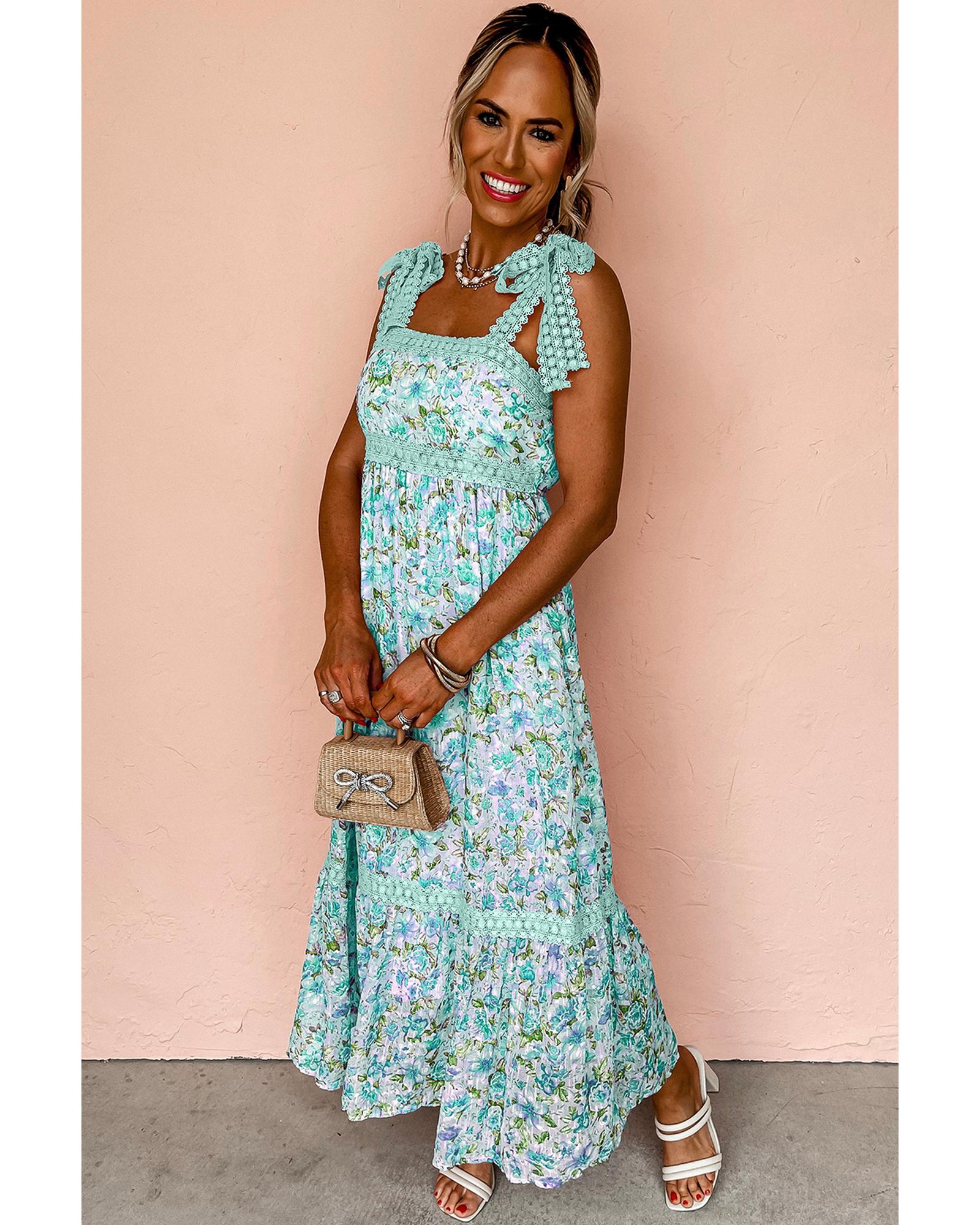 Green Floral Lace Tied Strap Empire Waist Maxi Dress - M 3