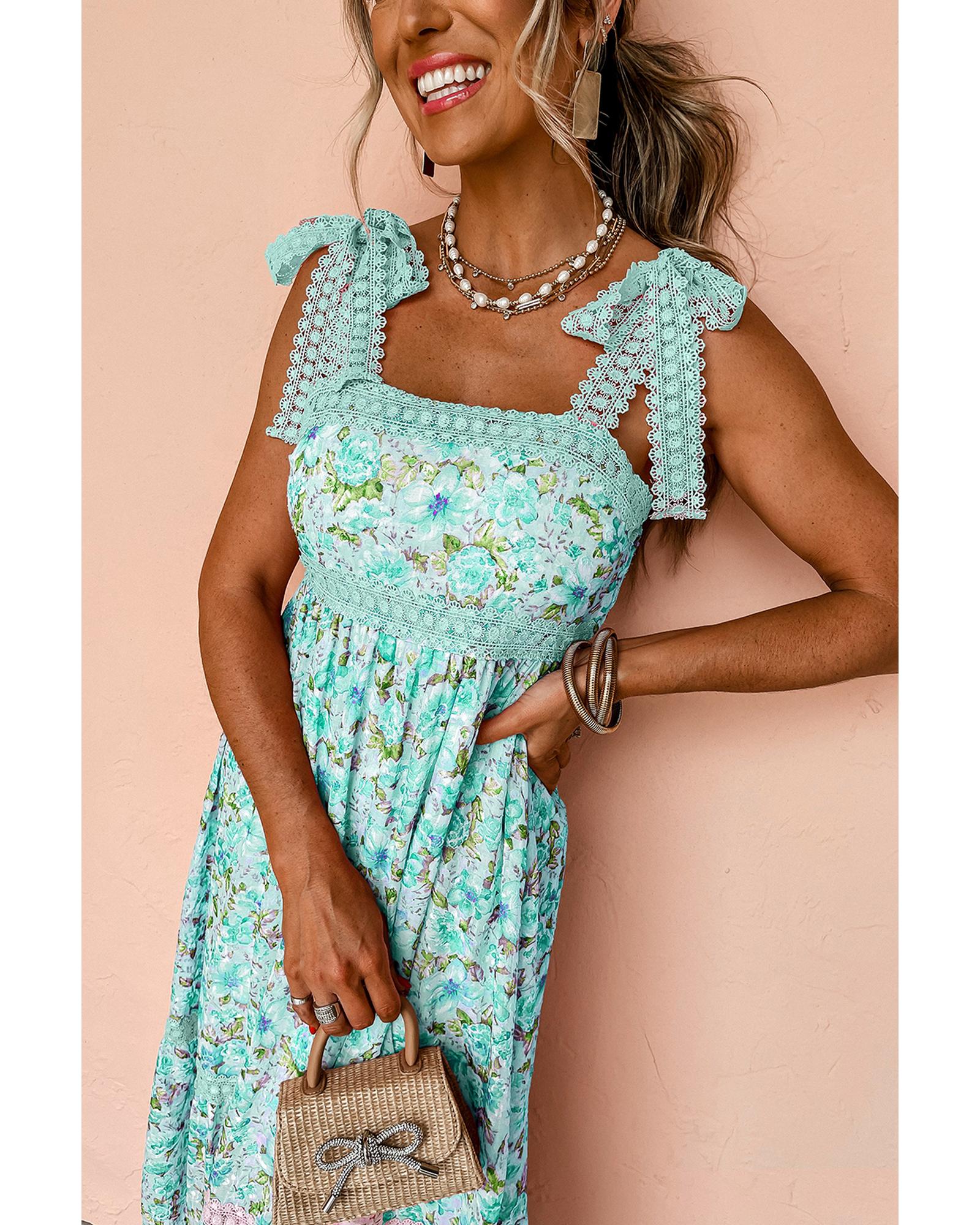 Green Floral Lace Tied Strap Empire Waist Maxi Dress - M 4