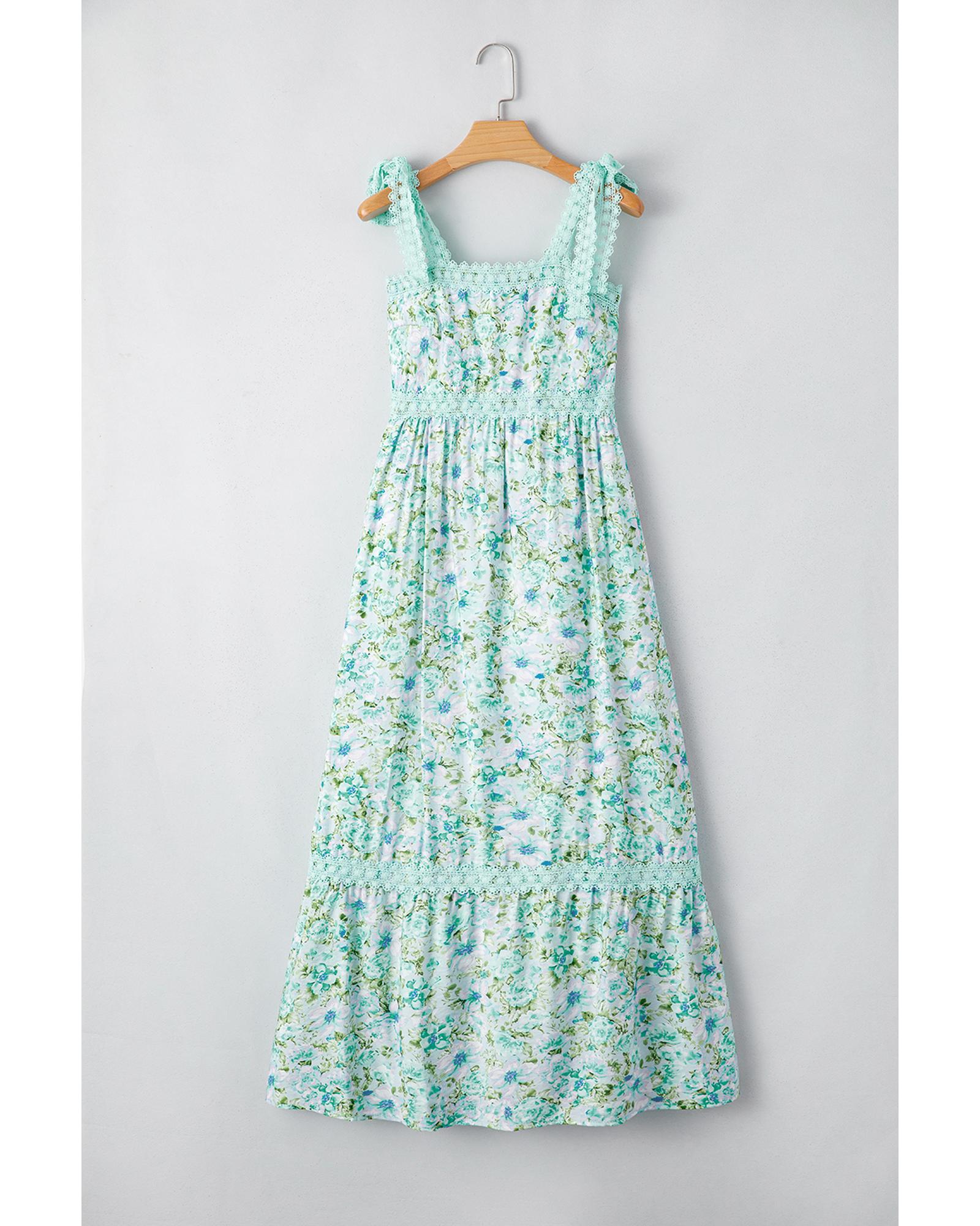 Green Floral Lace Tied Strap Empire Waist Maxi Dress - M 6