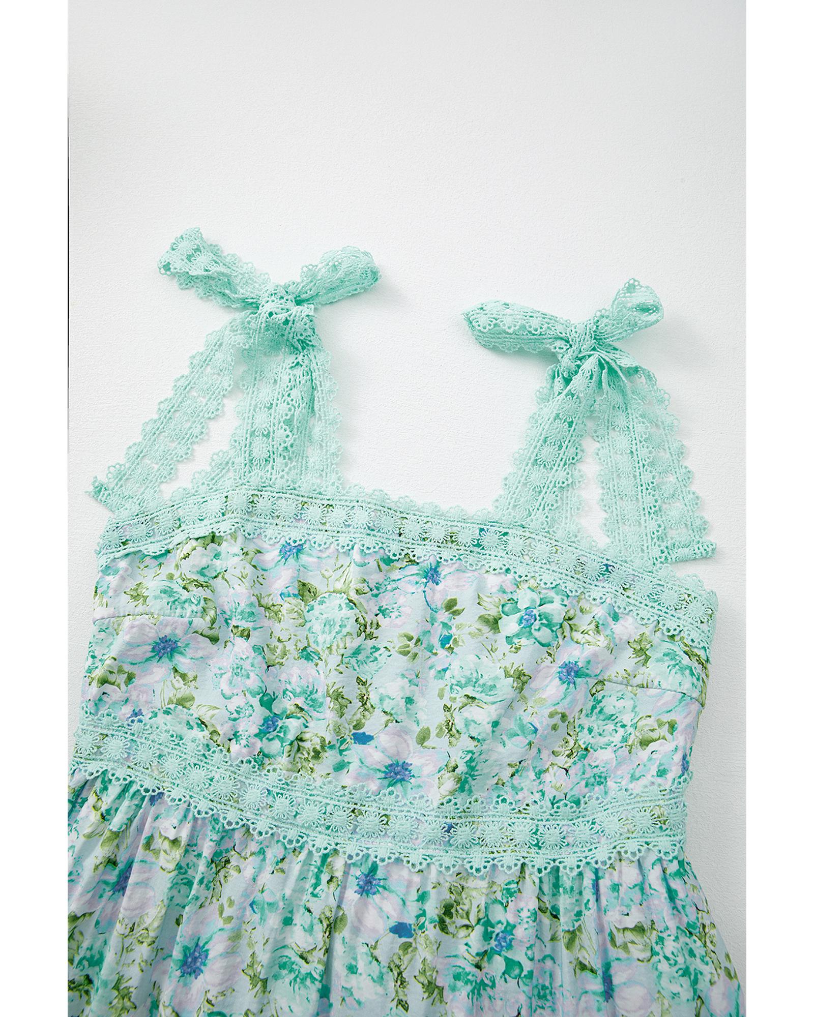 Green Floral Lace Tied Strap Empire Waist Maxi Dress - M 8
