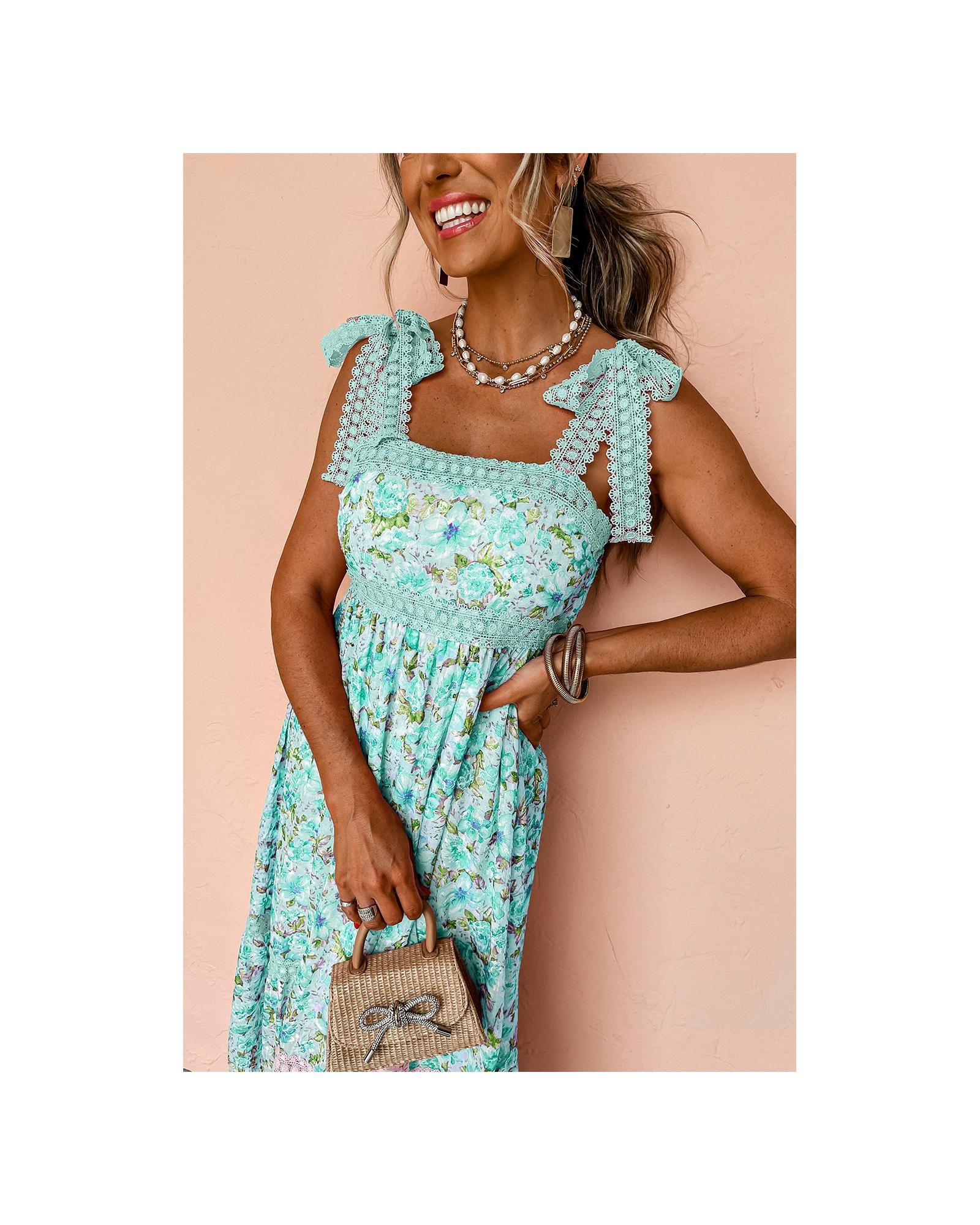 Green Floral Lace Tied Strap Empire Waist Maxi Dress - XL 4