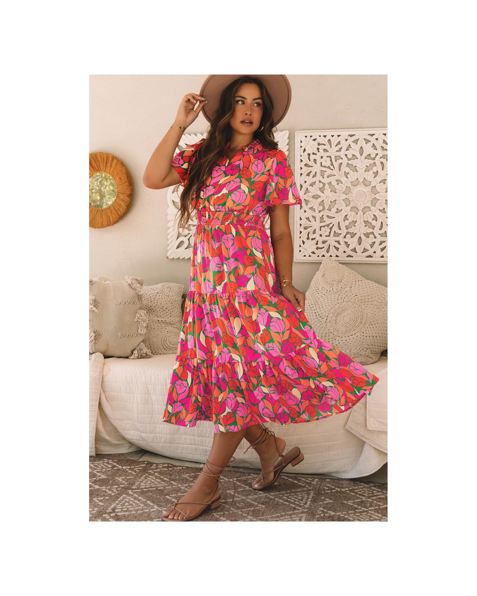 Rose Floral Short Sleeve Smocked Waist Maxi dress - L