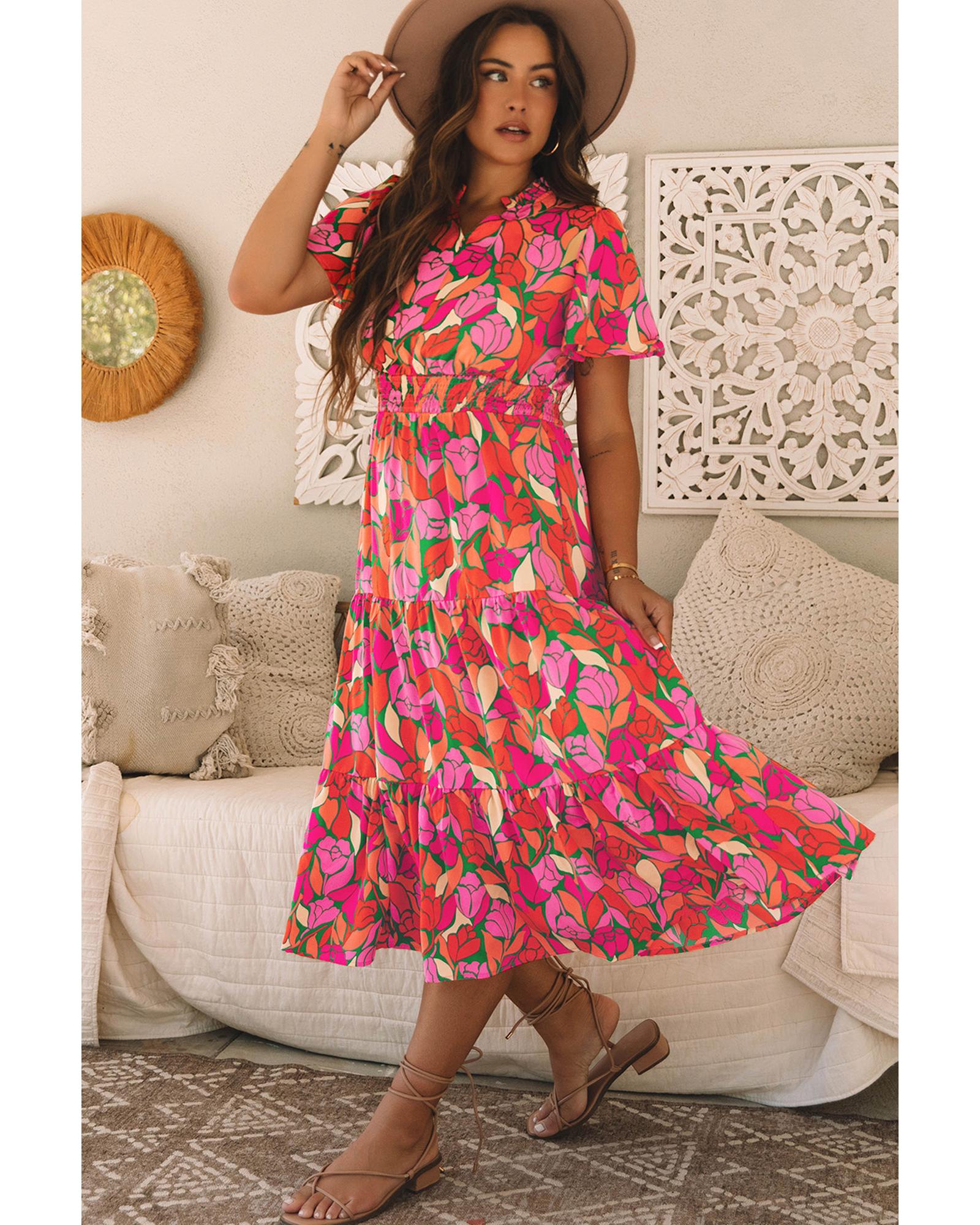 Rose Floral Short Sleeve Smocked Waist Maxi dress - M