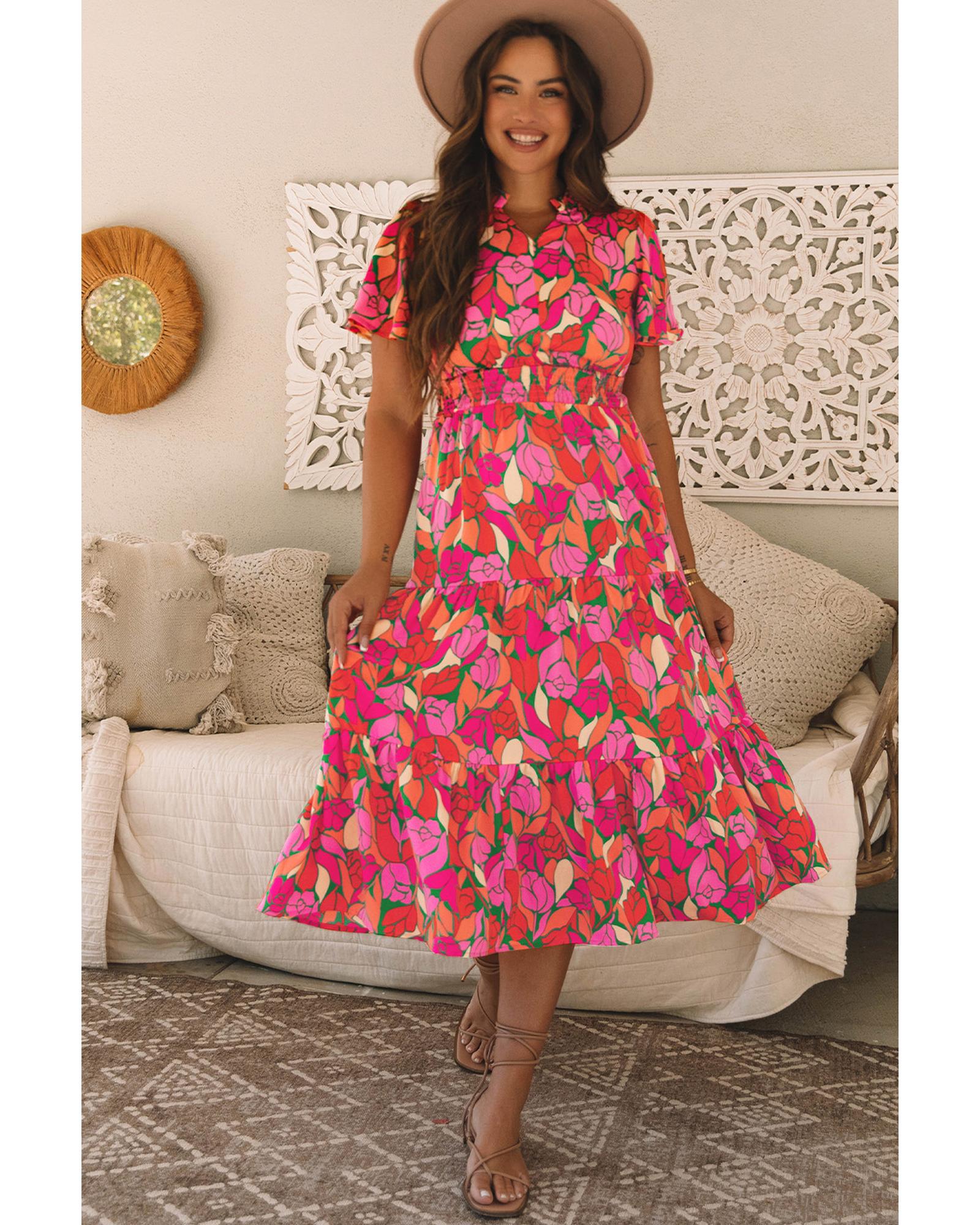Rose Floral Short Sleeve Smocked Waist Maxi dress - M 3