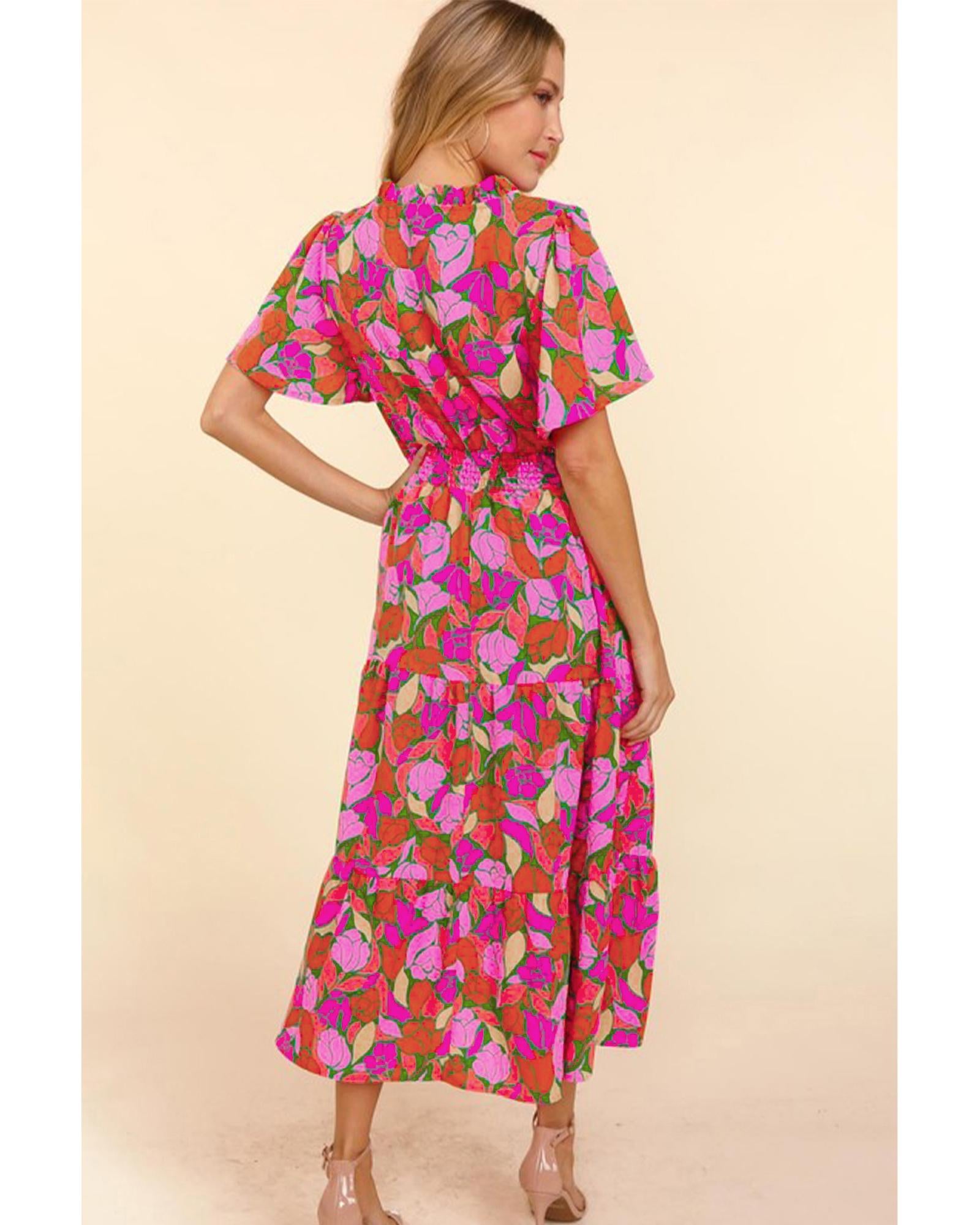 Rose Floral Short Sleeve Smocked Waist Maxi dress - M 6