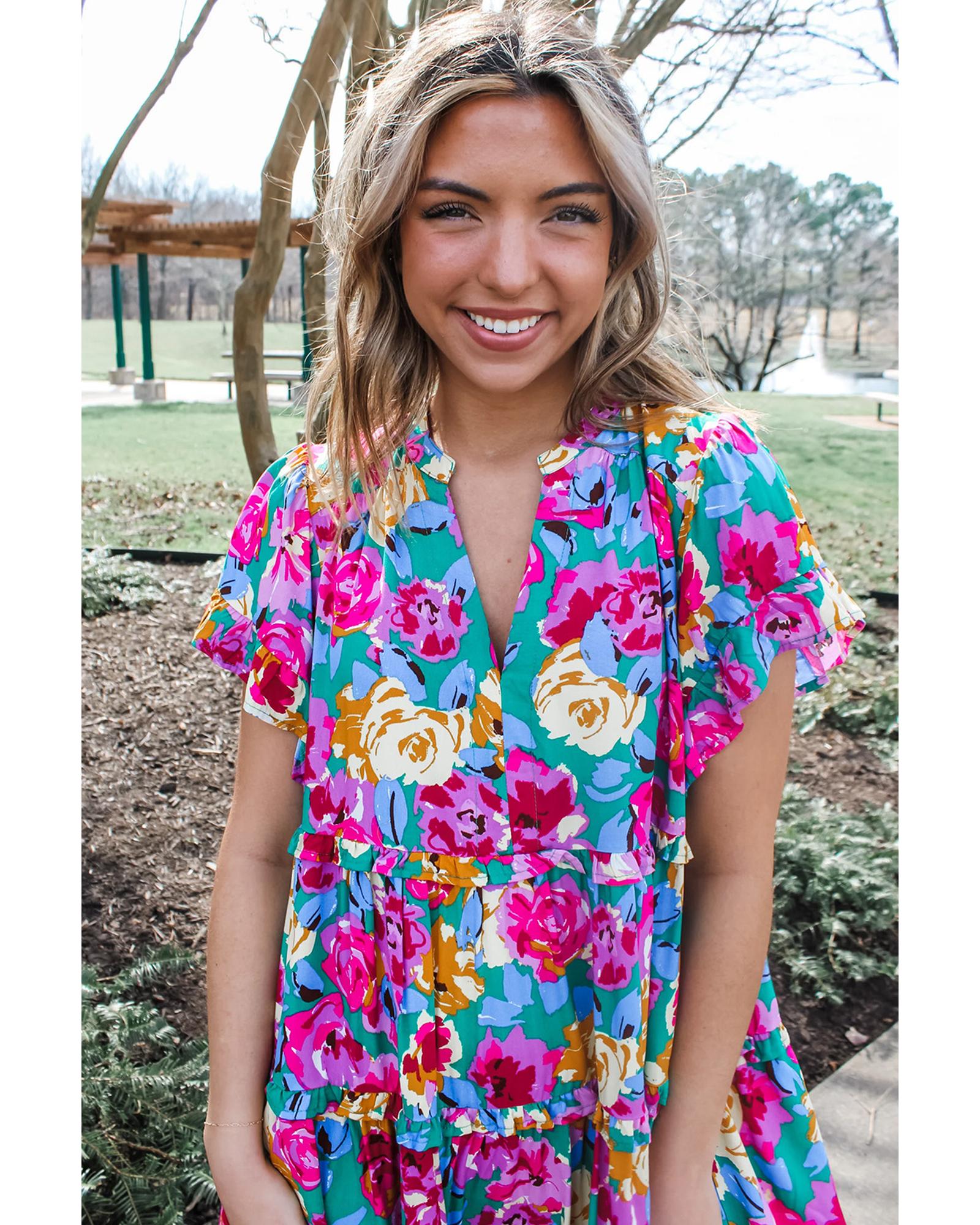 Green Rose Floral Print Ruffled Short Dress - M 3