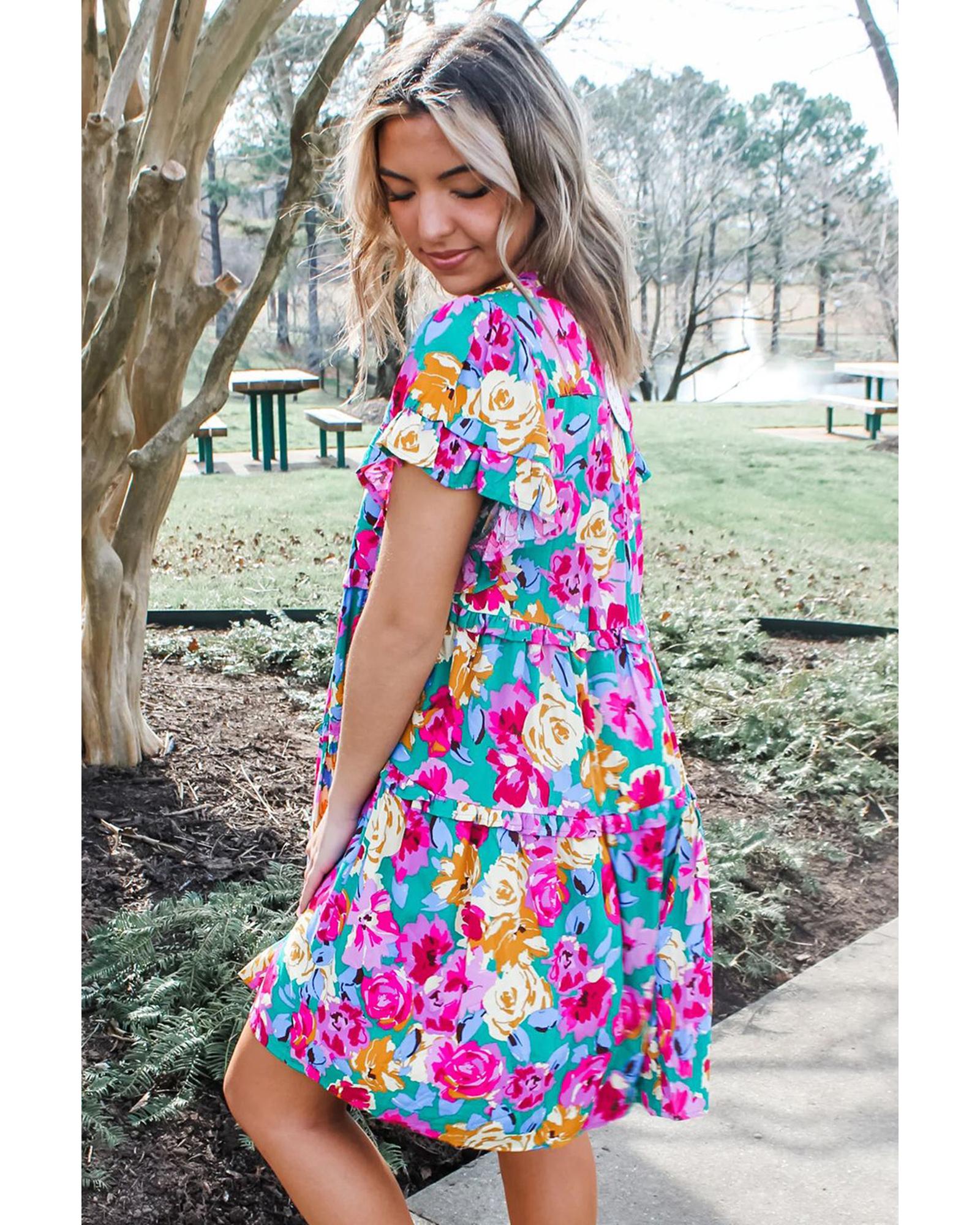 Green Rose Floral Print Ruffled Short Dress - M 4