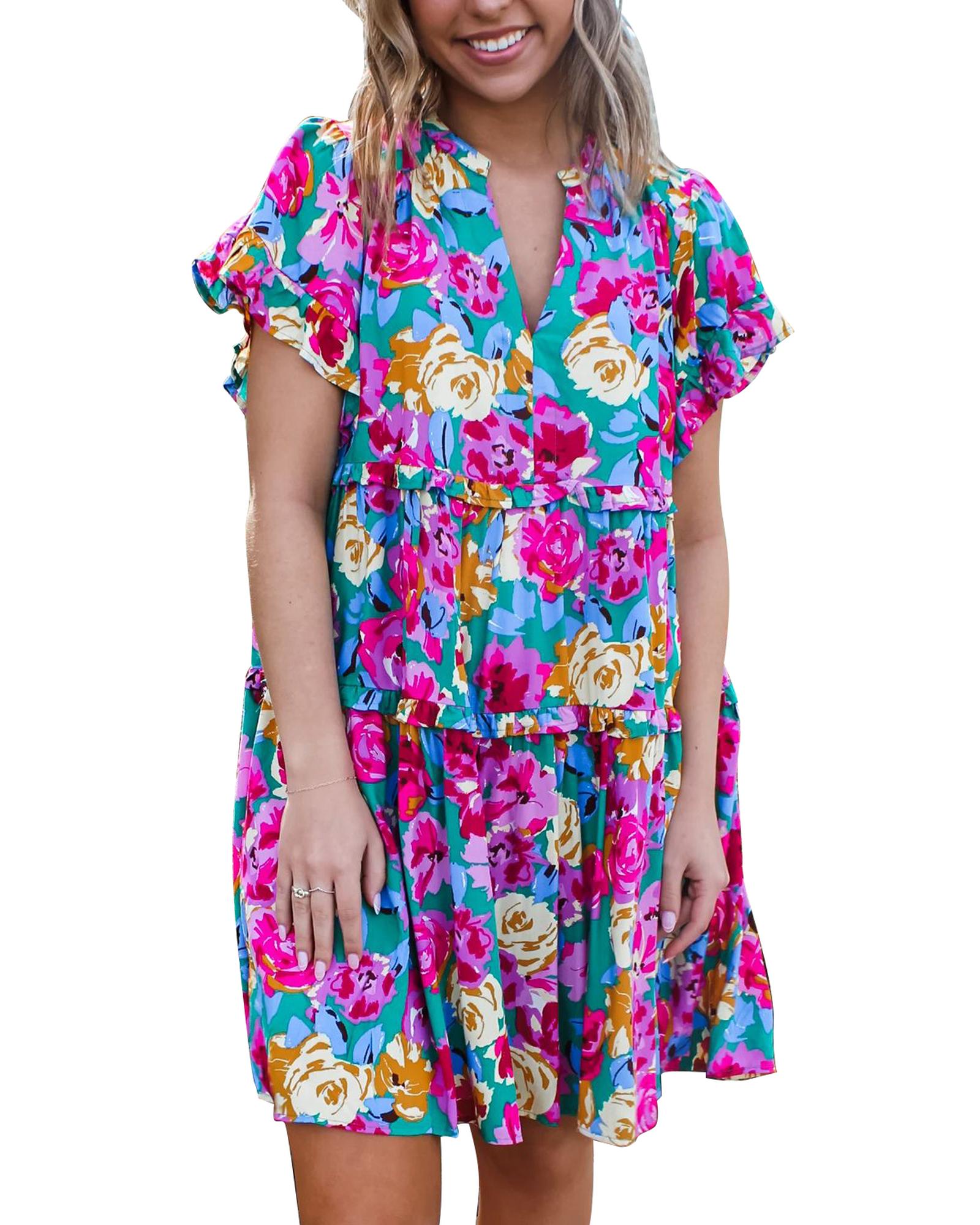 Green Rose Floral Print Ruffled Short Dress - M 6