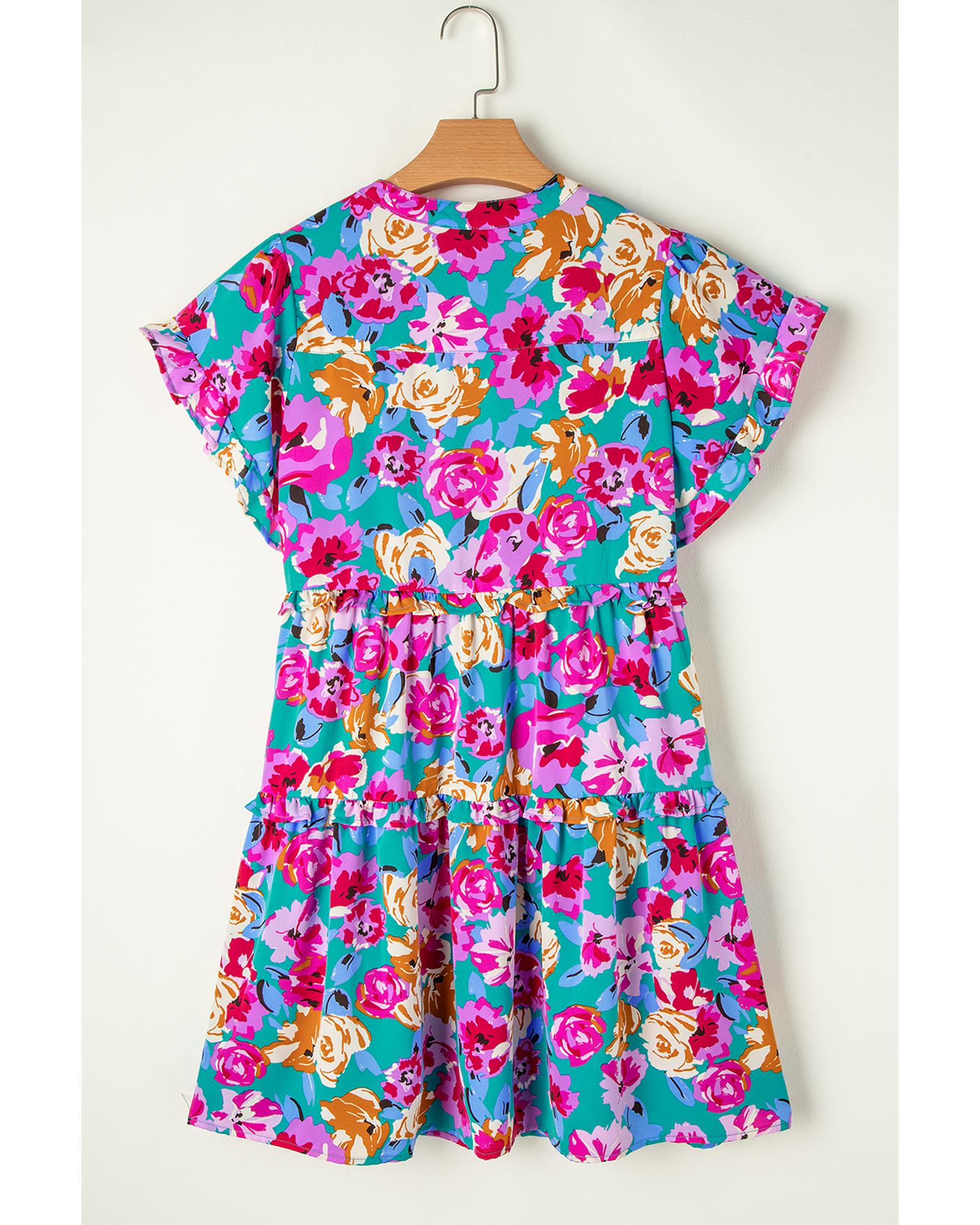 Green Rose Floral Print Ruffled Short Dress - M 7