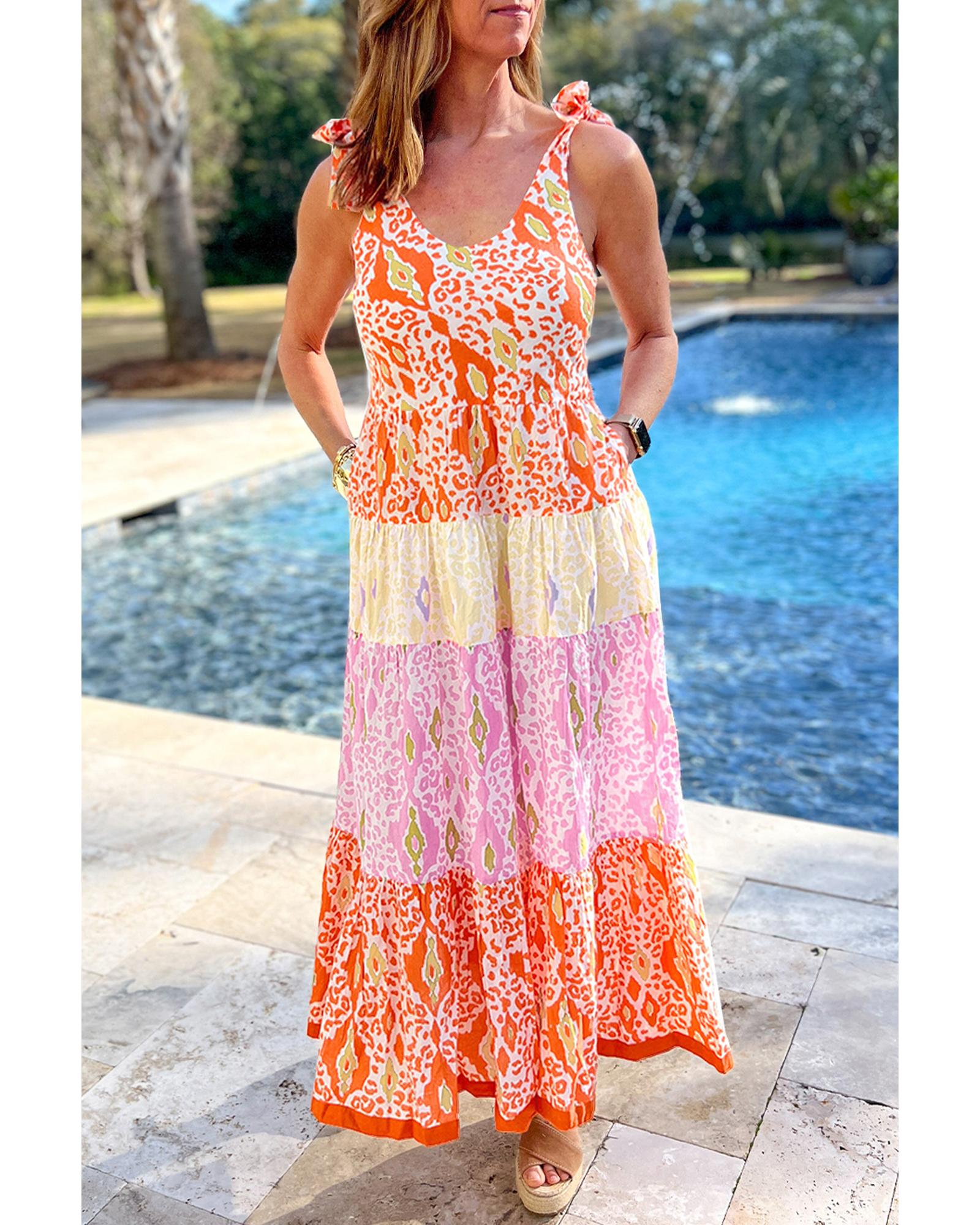 Orange Knotted Straps Leopard Colorblock Dress - M