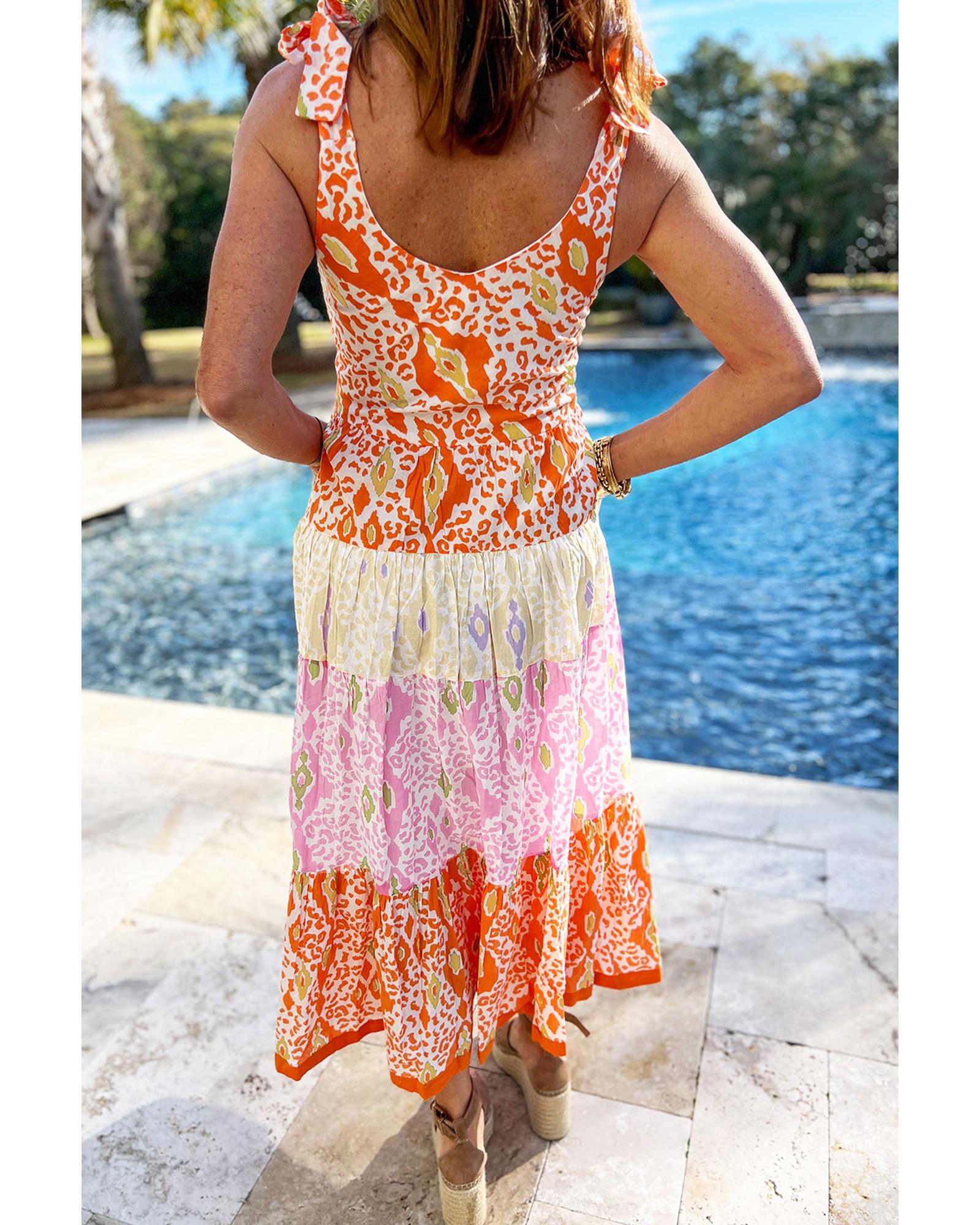 Orange Knotted Straps Leopard Colorblock Dress - M