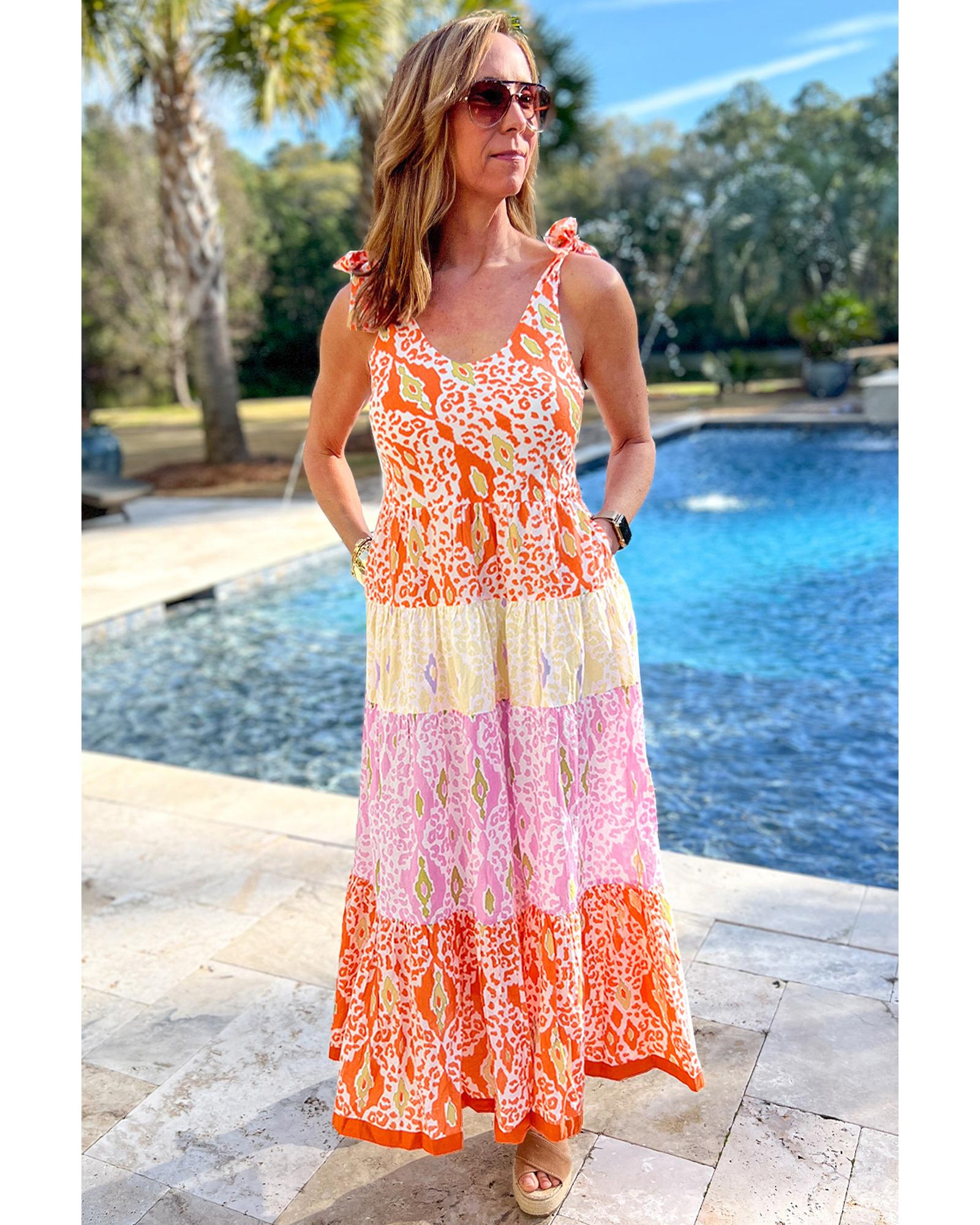 Orange Knotted Straps Leopard Colorblock Dress - M 4