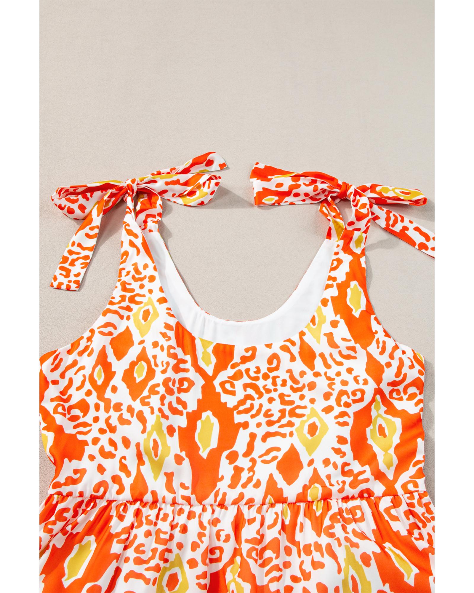 Orange Knotted Straps Leopard Colorblock Dress - M 5