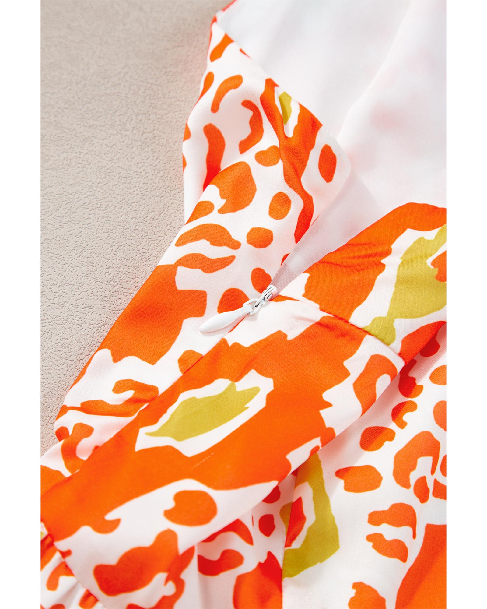 Orange Knotted Straps Leopard Colorblock Dress - M 7