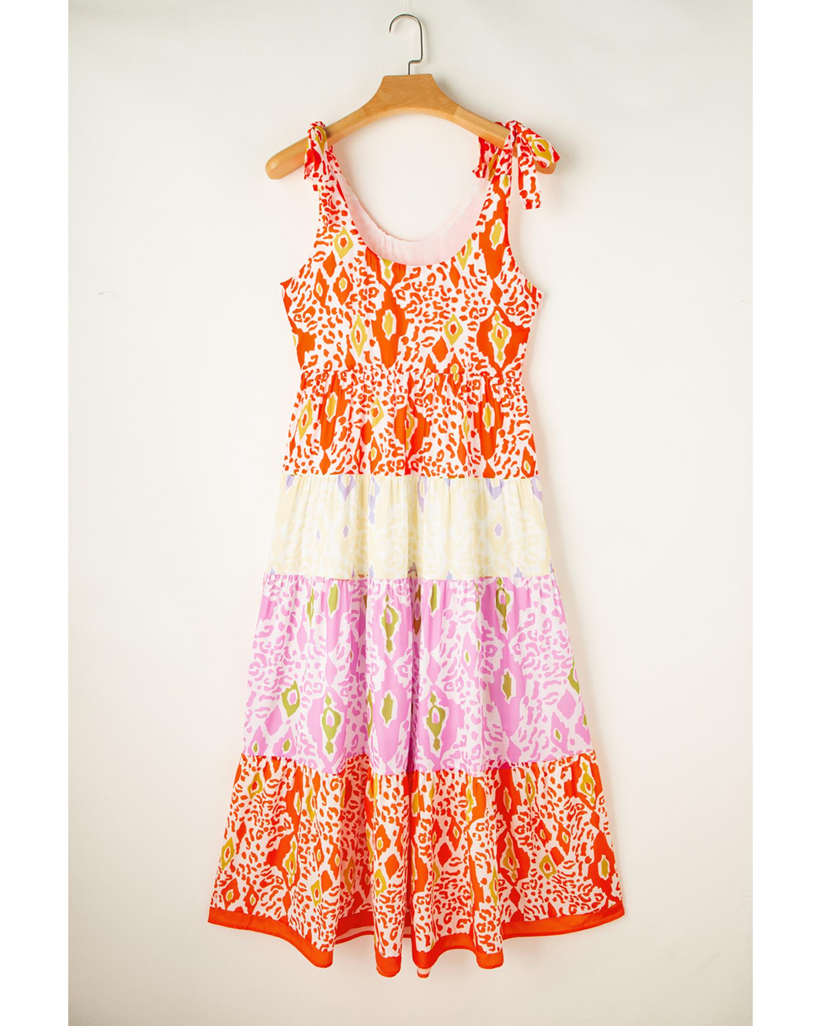 Orange Knotted Straps Leopard Colorblock Dress - M 8