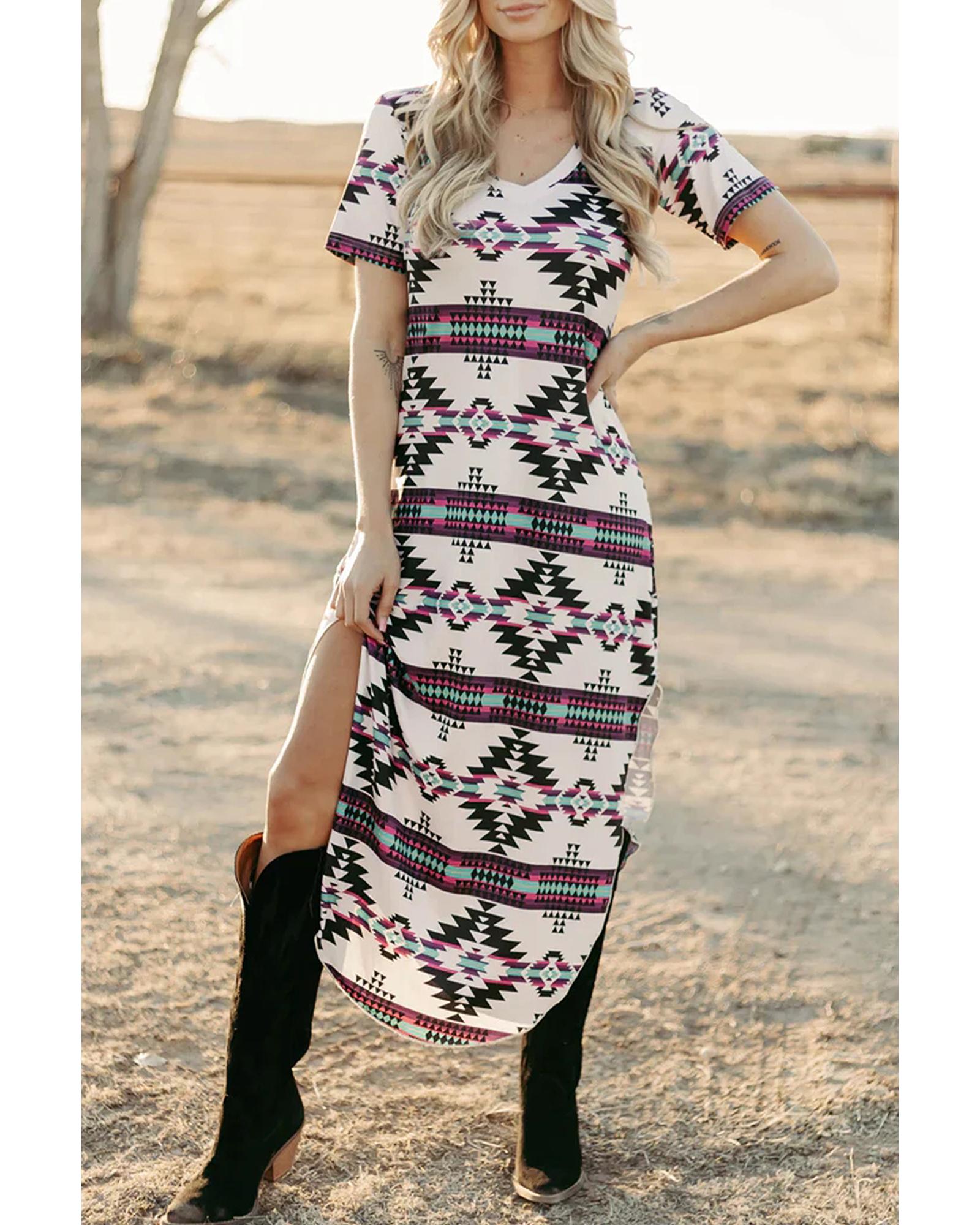 Beige Western Aztec Printed Long T-shirt Dress - M