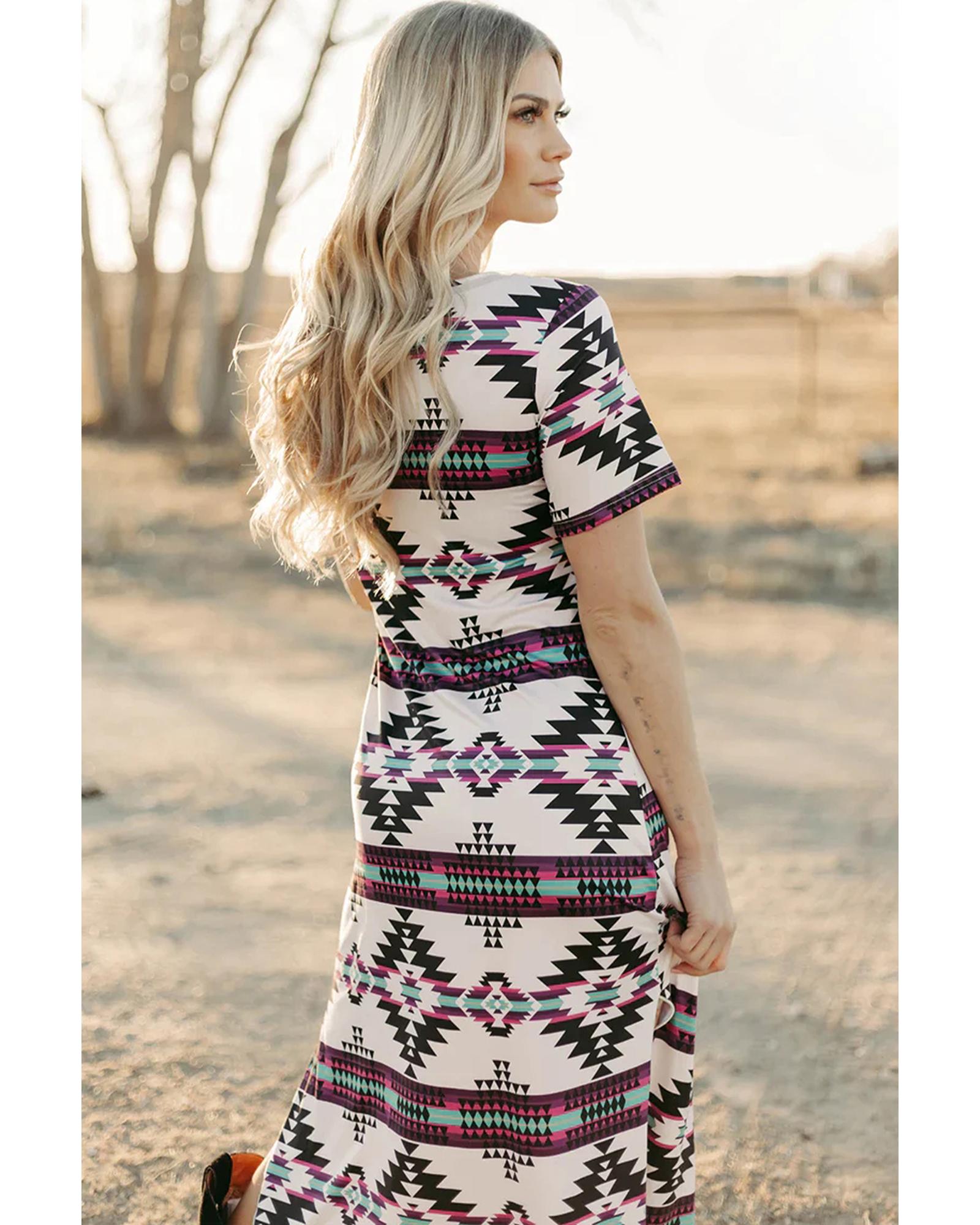Beige Western Aztec Printed Long T-shirt Dress - M