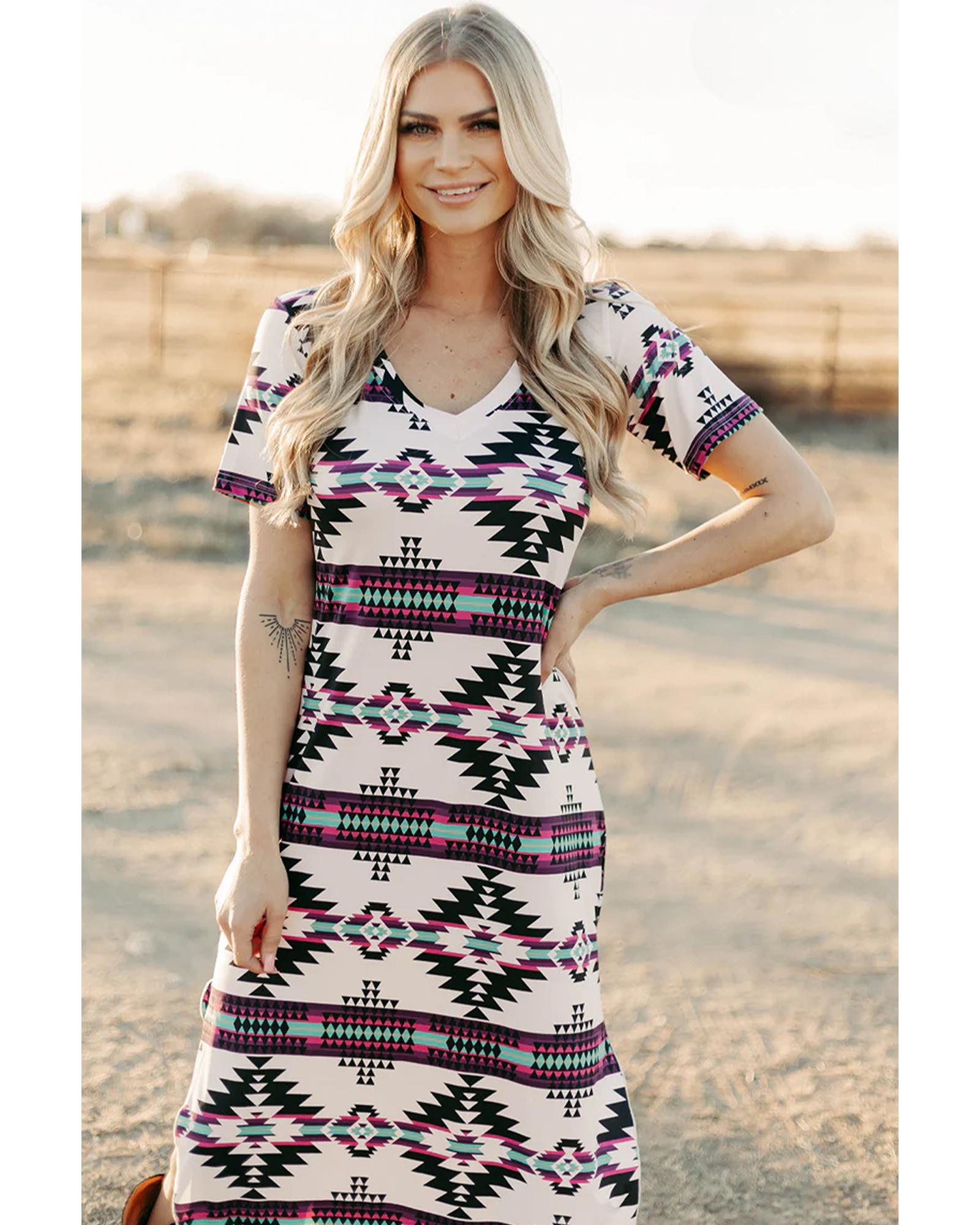 Beige Western Aztec Printed Long T-shirt Dress - M 3