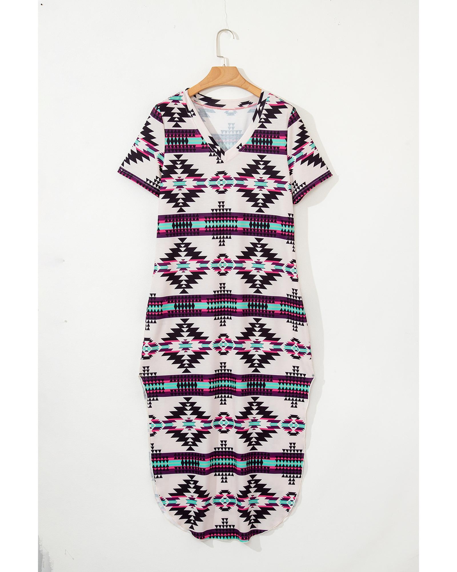 Beige Western Aztec Printed Long T-shirt Dress - M 5