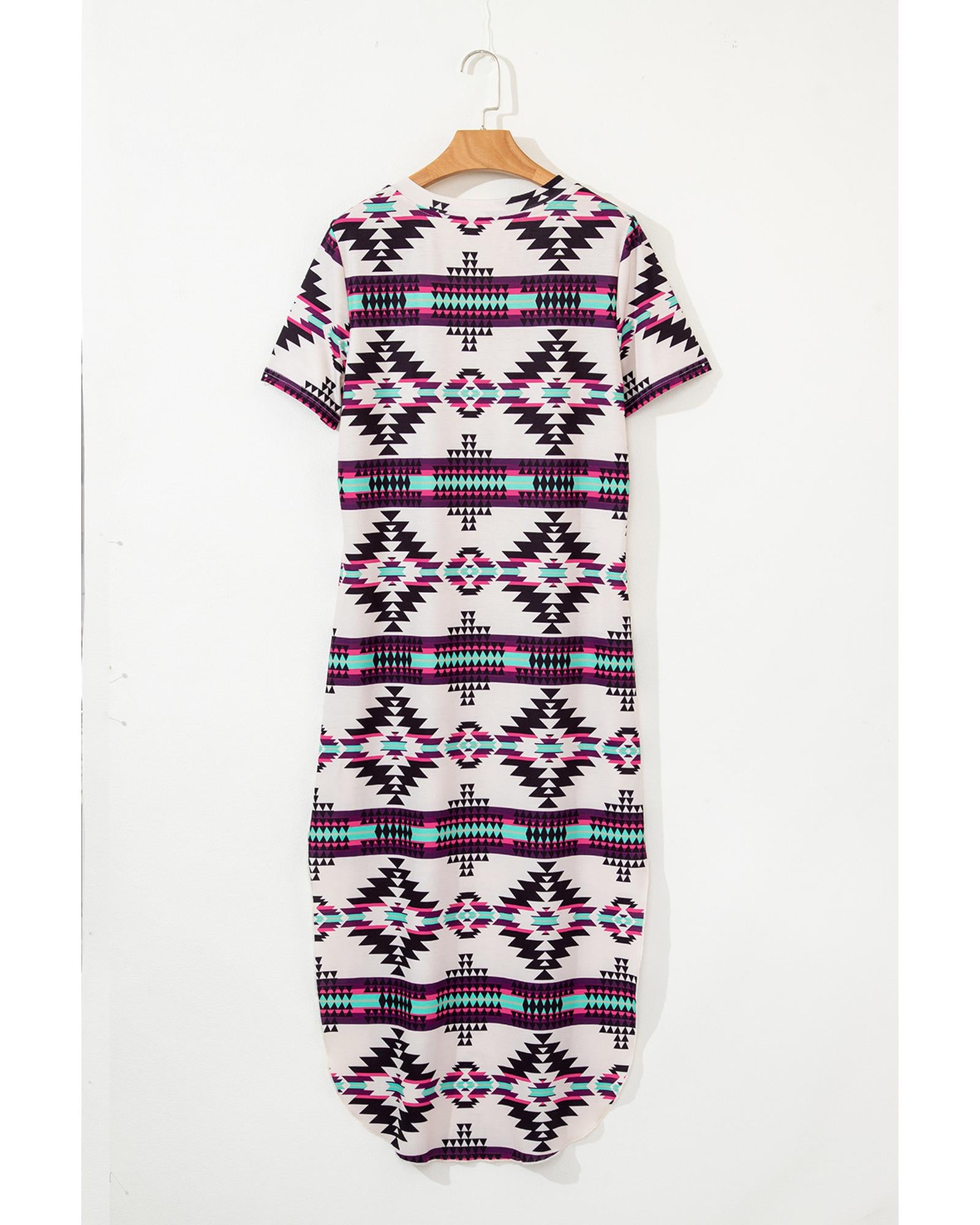 Beige Western Aztec Printed Long T-shirt Dress - M 6
