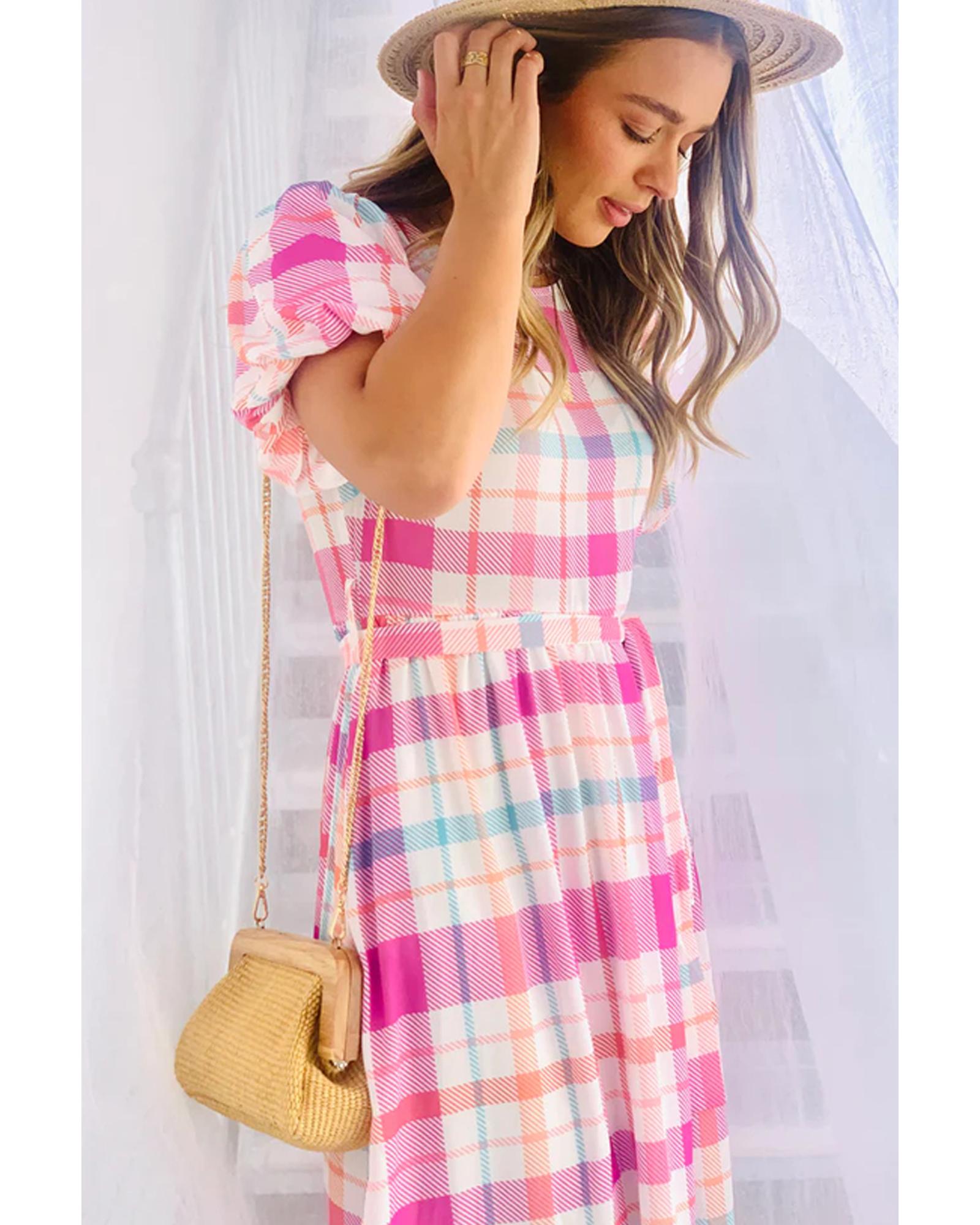Pink Checkered Puff Sleeve Belted Midi Dress - M 4