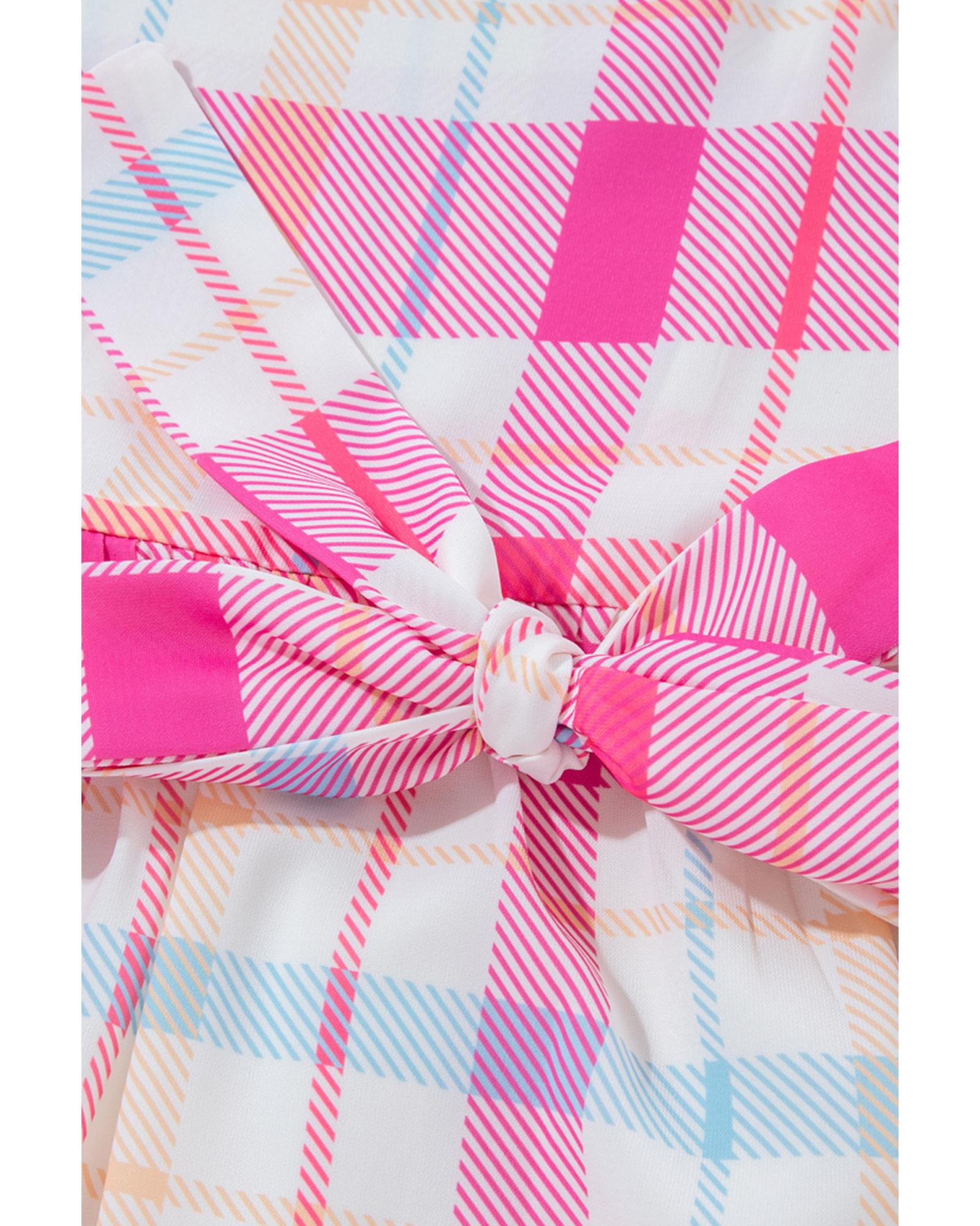 Pink Checkered Puff Sleeve Belted Midi Dress - M 5