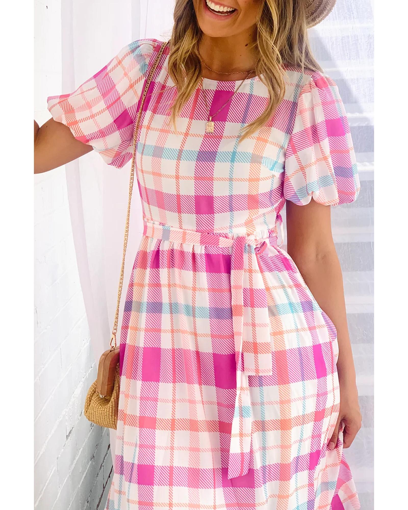 Pink Checkered Puff Sleeve Belted Midi Dress - M 7