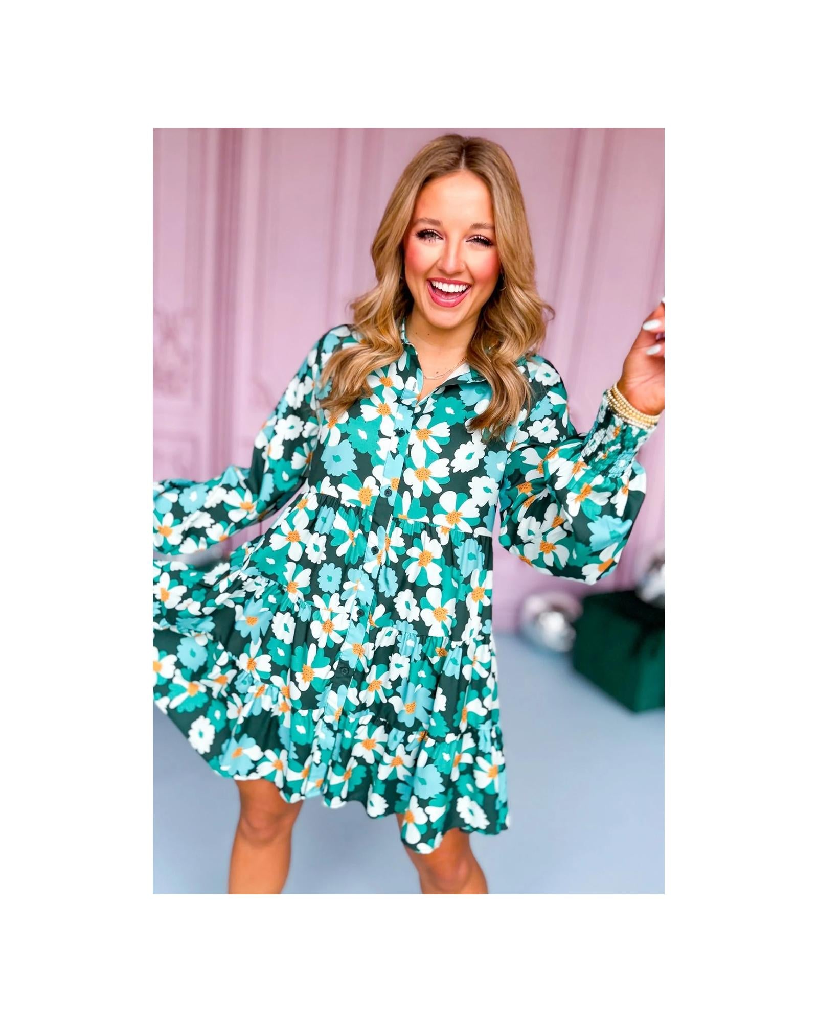 Green Floral Tiered Long Puff Sleeve Shirt Dress - M 3