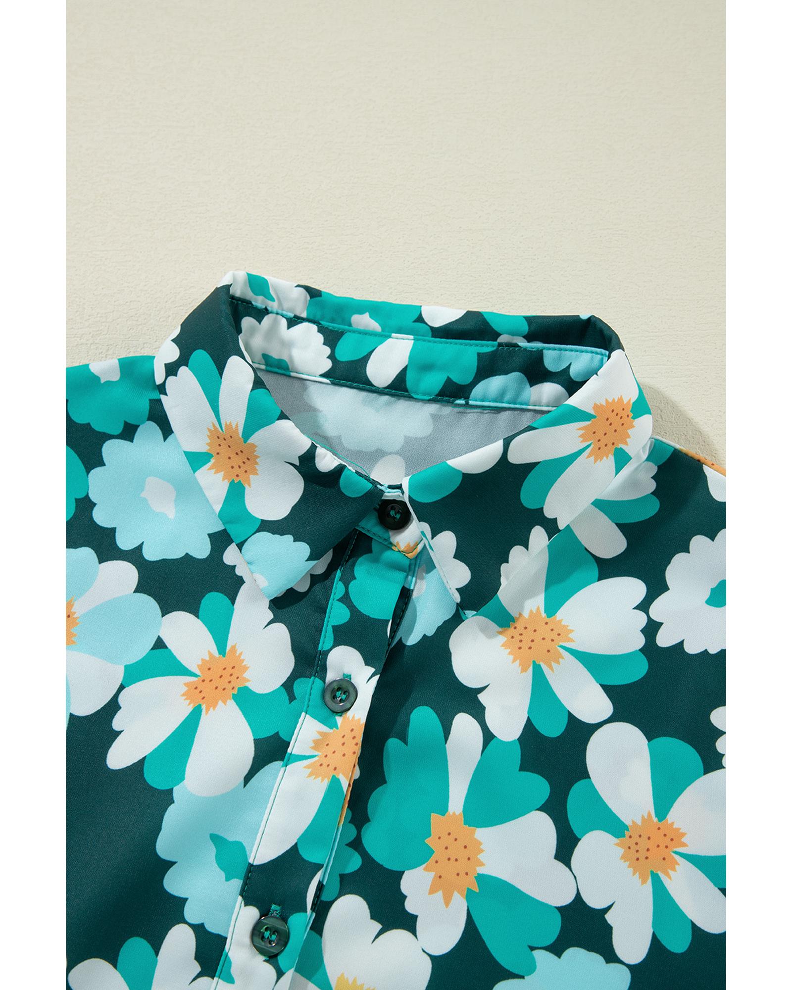 Green Floral Tiered Long Puff Sleeve Shirt Dress - M 6