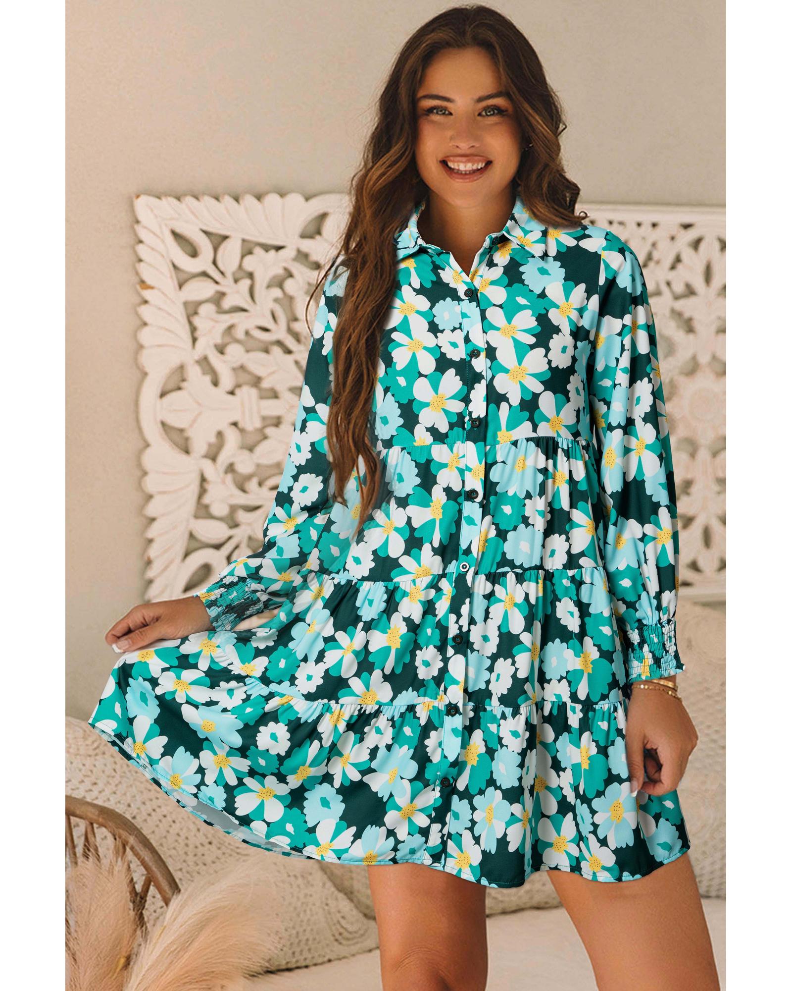 Green Floral Tiered Long Puff Sleeve Shirt Dress - S 4