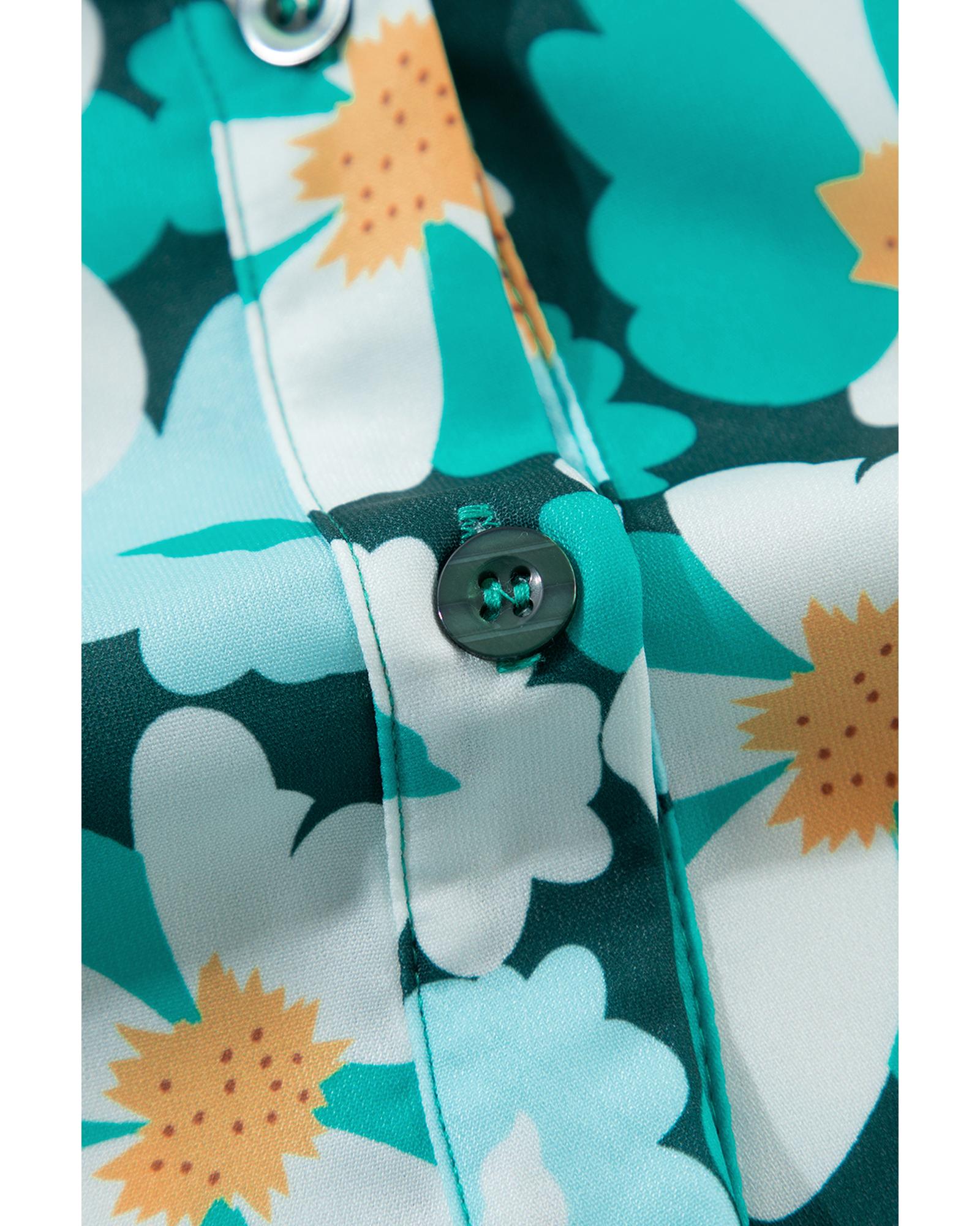 Green Floral Tiered Long Puff Sleeve Shirt Dress - S 7