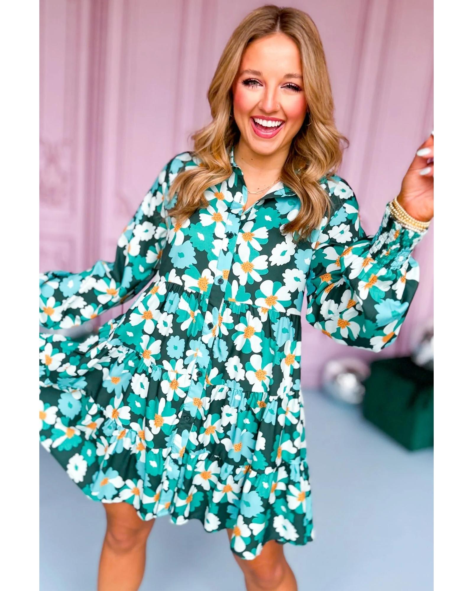 Green Floral Tiered Long Puff Sleeve Shirt Dress - XL 3