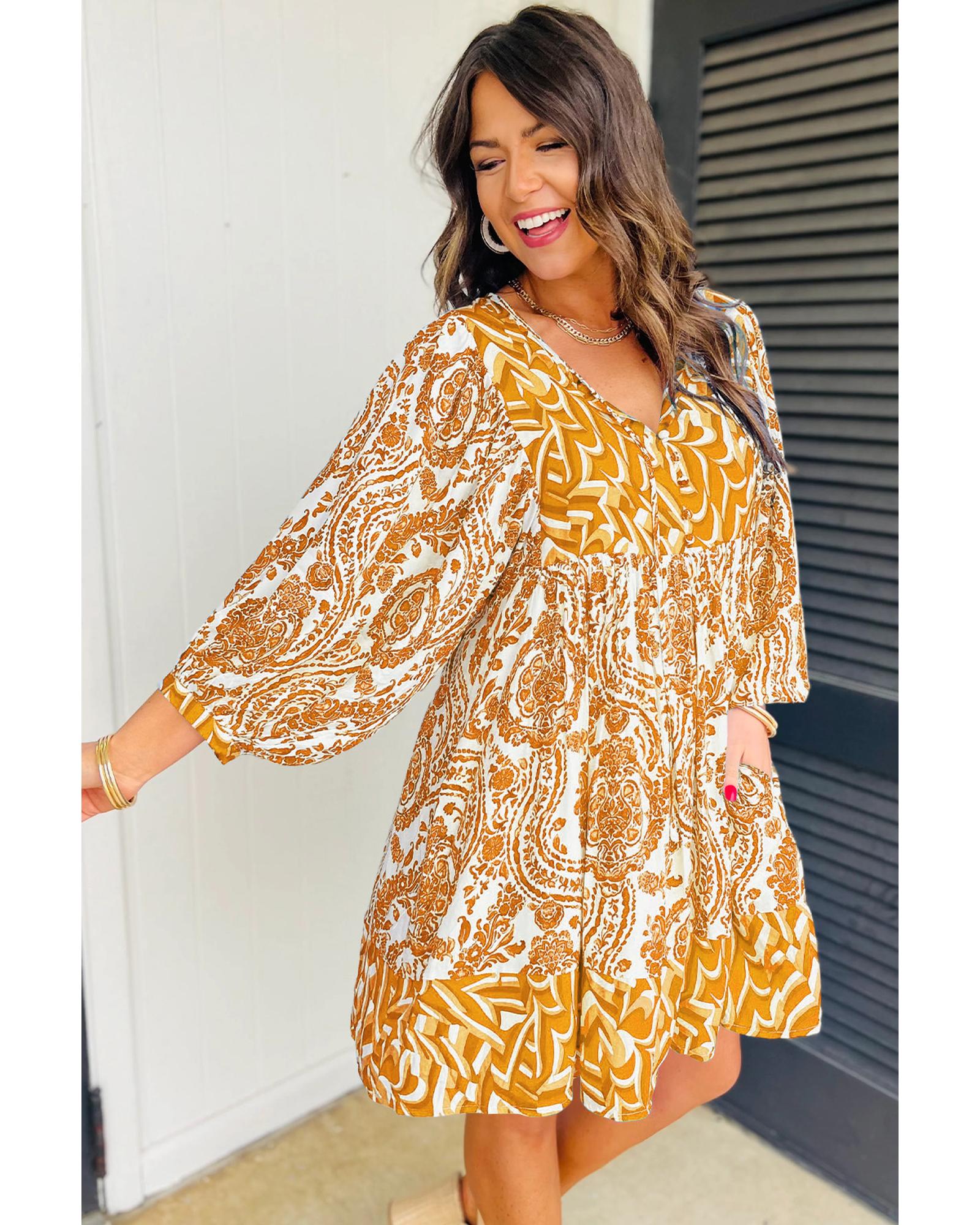 Orange Bohemian Print Puff Sleeve Tied V Neck Flared Mini Dress - M