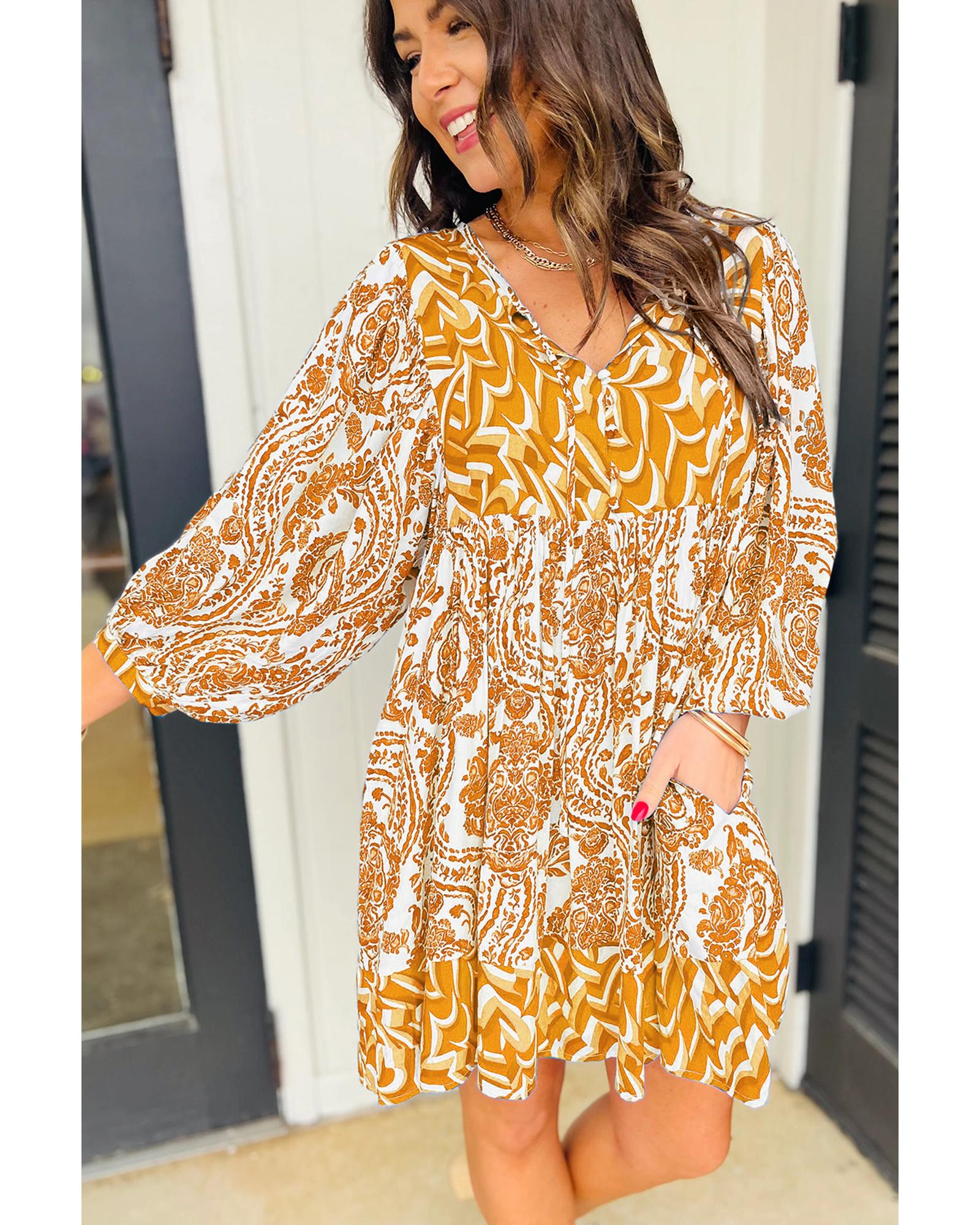 Orange Bohemian Print Puff Sleeve Tied V Neck Flared Mini Dress - XL