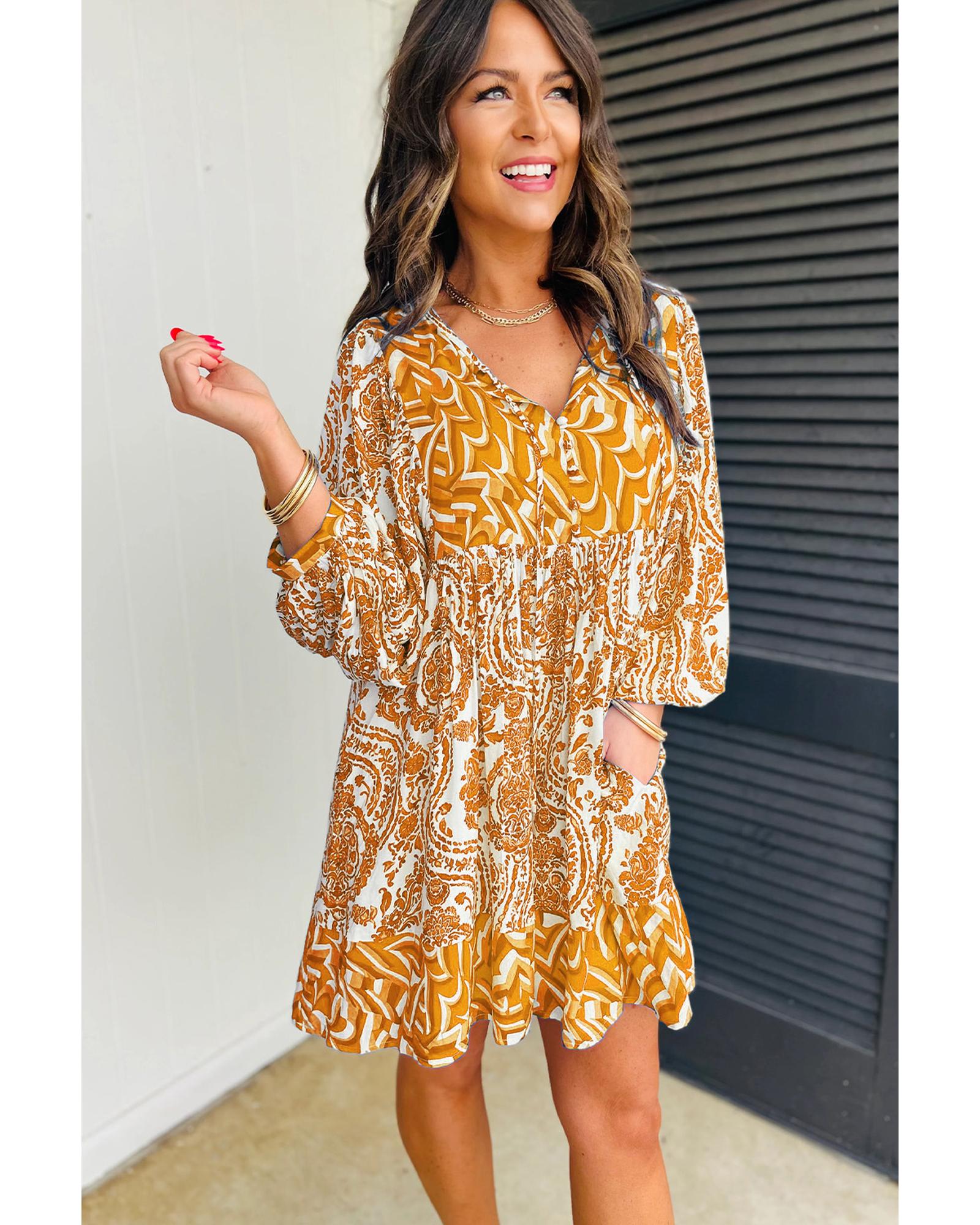 Orange Bohemian Print Puff Sleeve Tied V Neck Flared Mini Dress - XL 4